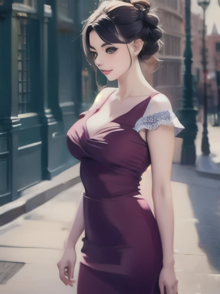 (masterpiece, high quality, intricate detail:1.4), violet_v3, blue eyes, 1girl, solo, smile, looking at viewer, cowboy shot, night, street, city, formal dress, cleavage, side slit, young girl, female , age girl