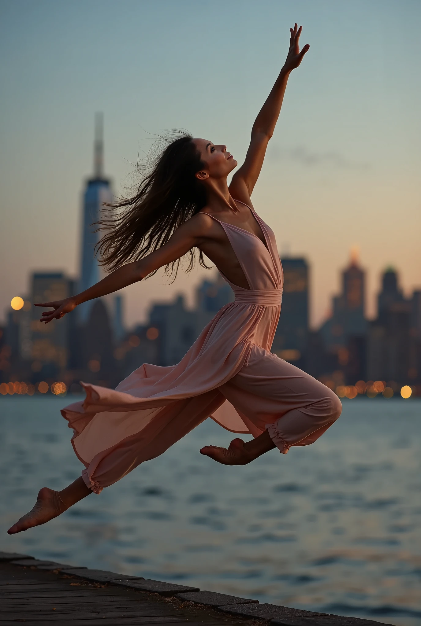 Urban Ballet: A dancer leaps across a graffiti-covered rooftop at dusk, her silhouette outlined against a vibrant city skyline. Capture the RAW energy of her movement, the delicate folds of her flowing black dress, and the intricate details of the urban landscape. (Masterpiece, RAW photo, realistic, detailed, best HD detailed, High quality, 32k, Dusk lighting, dramatic pose, urban setting)