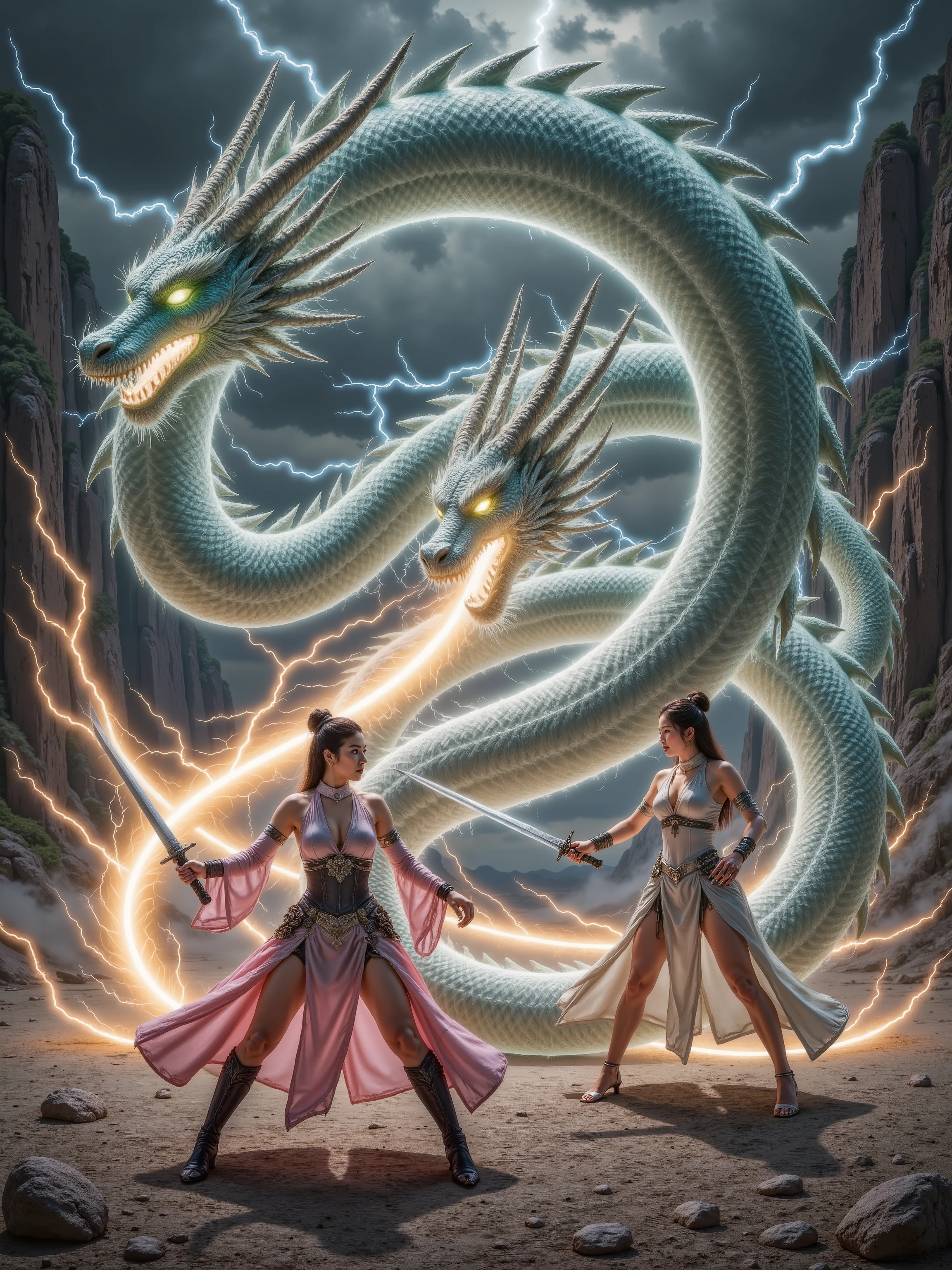 A dramatic, high-stakes war scene unfolding beneath a turbulent, stormy sky, with flashes of lightning illuminating the dark, foreboding clouds. At the center, a powerful Japanese dragon queen, with porcelain-smooth skin and raven-black hair, clad in intricately designed, battle-worn armor, stands tall alongside her majestic jade green dragon, its scales glistening with an ethereal sheen. Facing them is a fearless Chinese dragon warrior, her determination etched on her strong, angular face, with skin the color of golden earth, her armor equally battered, with scars and dents telling the tale of a fierce and relentless battle. The two women engage in a fiercely intense sword fight, their movements swift and deadly, their blades clashing in a blur of steel and fire. The air is electric with tension, the atmosphere crackling with the raw power of mythological creatures, as the dragons unleash torrents of fire, casting flickering shadows on the torn, blood-soaked earth. The entire scene is captured in a cinematic, filmic style, with shallow depth of field, vignette, and bokeh effects, evoking the gritty texture of Kodak Portra 400 film, with a rich, cinematic color grading that imbues the image with a sense of gritty realism.