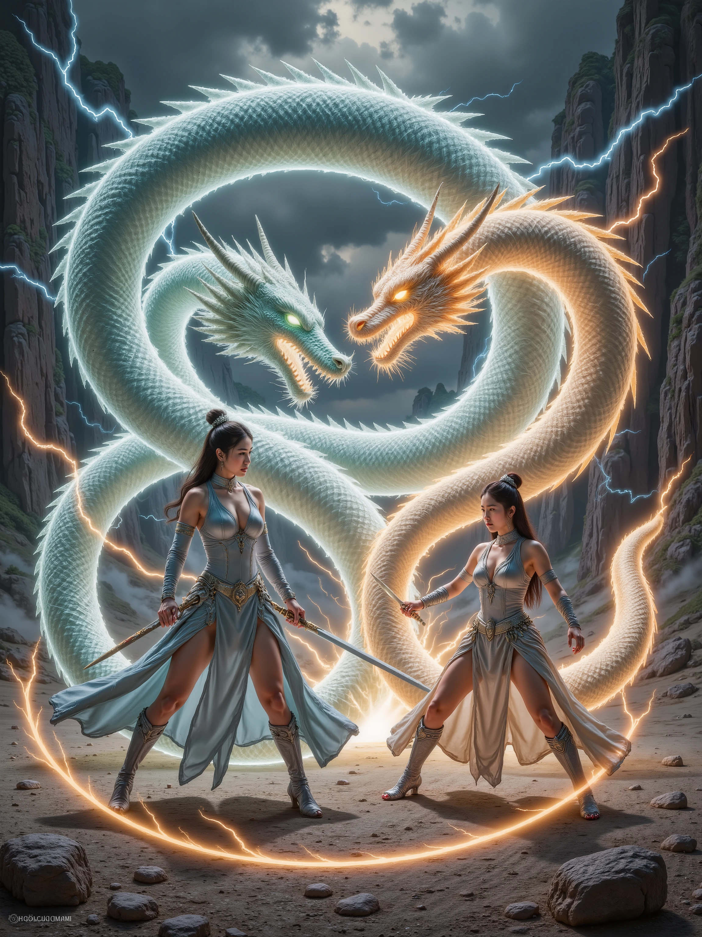 A dramatic, high-stakes war scene unfolding beneath a turbulent, stormy sky, with flashes of lightning illuminating the dark, foreboding clouds. At the center, a powerful Japanese dragon queen, with porcelain-smooth skin and raven-black hair, clad in intricately designed, battle-worn armor, stands tall alongside her majestic jade green dragon, its scales glistening with an ethereal sheen. Facing them is a fearless Chinese dragon warrior, her determination etched on her strong, angular face, with skin the color of golden earth, her armor equally battered, with scars and dents telling the tale of a fierce and relentless battle. The two women engage in a fiercely intense sword fight, their movements swift and deadly, their blades clashing in a blur of steel and fire. The air is electric with tension, the atmosphere crackling with the raw power of mythological creatures, as the dragons unleash torrents of fire, casting flickering shadows on the torn, blood-soaked earth. The entire scene is captured in a cinematic, filmic style, with shallow depth of field, vignette, and bokeh effects, evoking the gritty texture of Kodak Portra 400 film, with a rich, cinematic color grading that imbues the image with a sense of gritty realism.