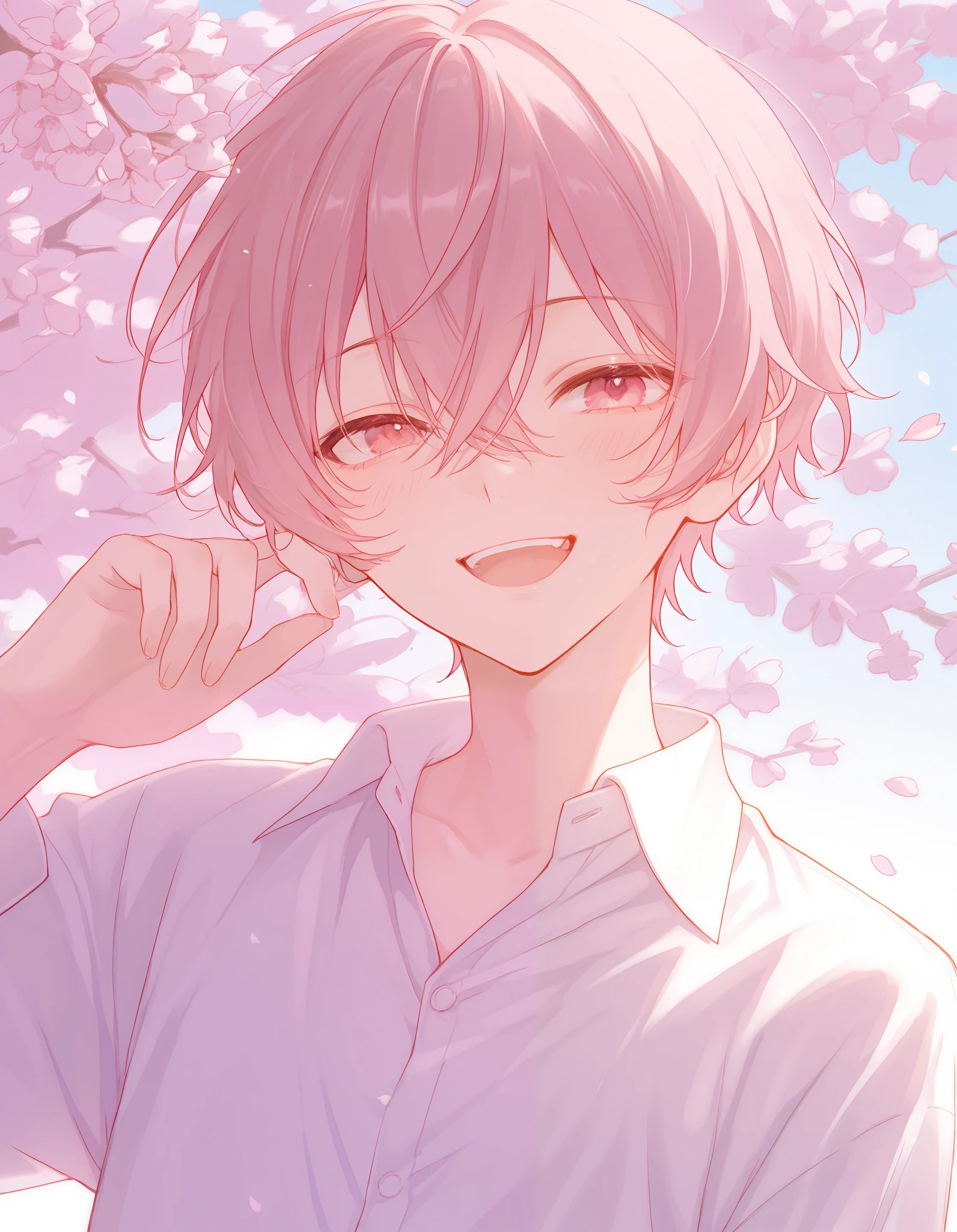 ((1 male with pink hair and short hair:1.4))，(( cherry blossoms in the background :1.4))、Leaf、 the petals dance、 white shirt、()、 is bursting out laughing