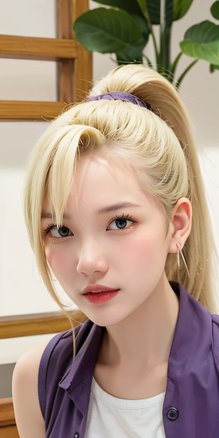 yamanaka ino, hair over one eye, ponytail, hairclip purple crop top, sleeveless, purple skirt, fishnets, earrings, midriff, ultra realistic, high res, highly detail, masterpiece, best quality, blushing, kawaii face, cute face, fighting pose, looking at viewer, blonde hair
