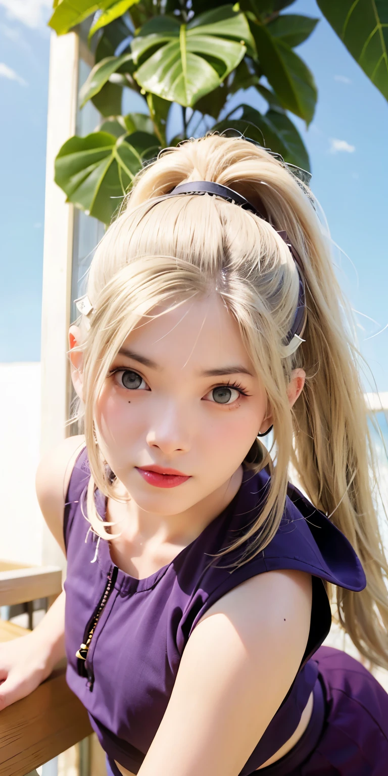 yamanaka ino, hair over one eye, ponytail, hairclip purple crop top, sleeveless, purple skirt, fishnets, earrings, midriff, ultra realistic, high res, highly detail, masterpiece, best quality, blushing, kawaii face, cute face, fighting pose, looking at viewer, blonde hair