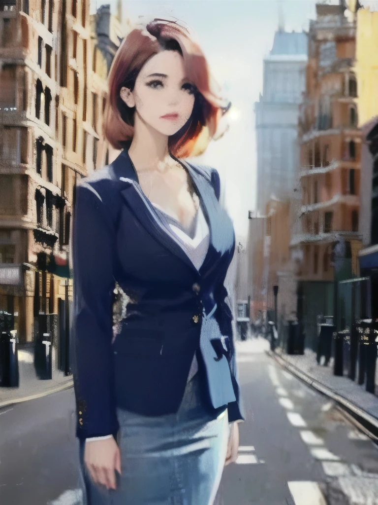 A young woman standing on the street, blur background, beatiful, photorealistic