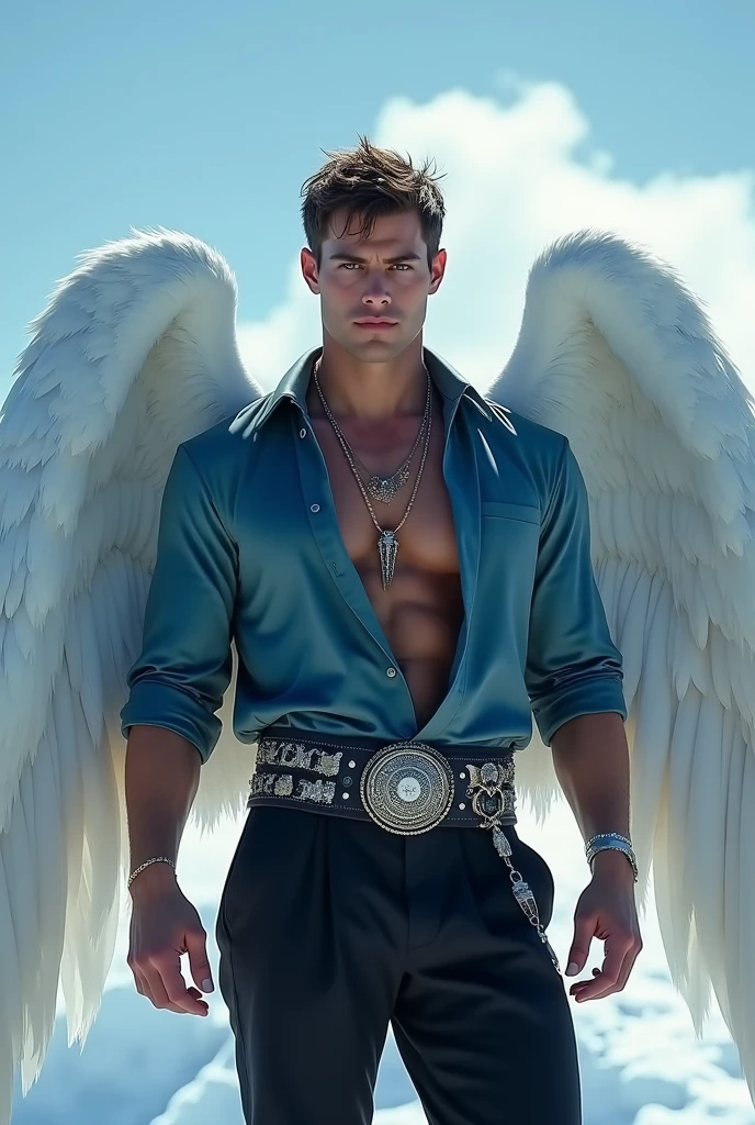 Describir en detalle la figura de un hombre, Archangel with angelic features turned completely to the left. torso denudo, grandes musculos, Como el pelo blanco, largo y liso, Las alas blancas y angelicales en su espalda, as well as its extremely striking beauty, encanto, The elegance and the angelic feeling that emanates from it. Imagine it on a stage with a white background, bathed in a radiant light, and explores how these elements combine to create a captivating, heavenly image.. (Hombre)