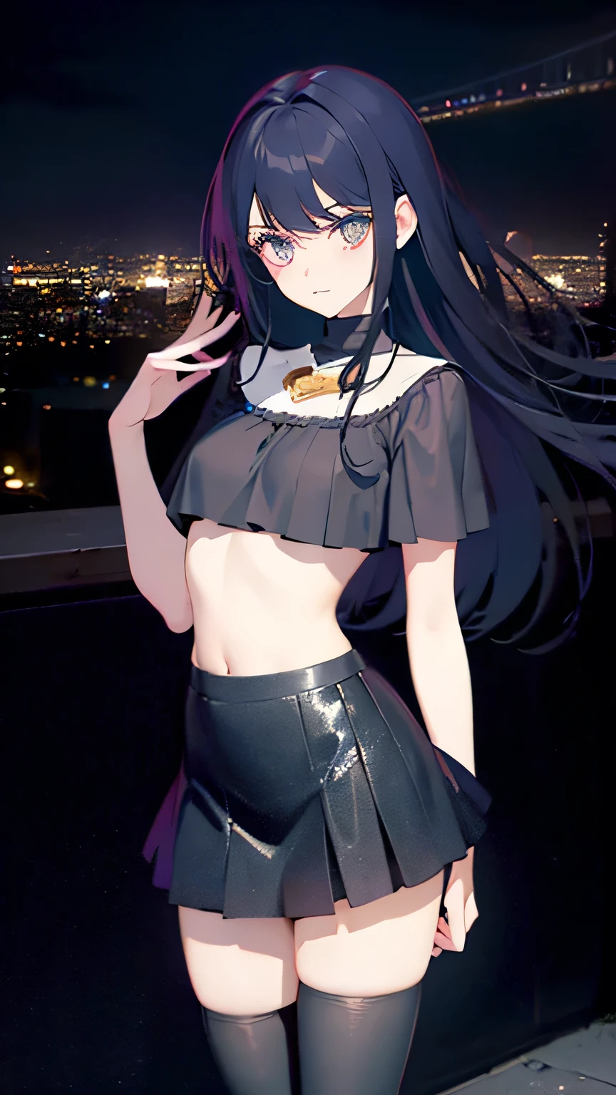 Highest quality, High resolution,1 female,thin、Small face、Brown eyes、expensive、city、Black hair break、Long Hair、(White bra top:1.4 Break)、(Black Skirt:1.2)、(Beautiful woman:1.5)、Age 25、mature、Abdominal Peek,,Large Breasts