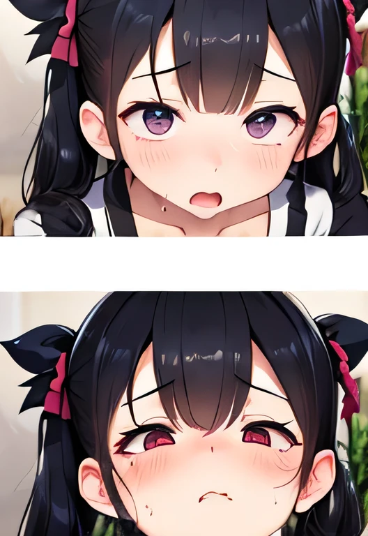  The Greatest Masterpiece、 shot from above、One Beautiful Girl Before and After、 female 、 twin tails、 gothic ta fashion、pantyhose, Focus on Face 、Sadistic、blush、painful、sweat、fog、Before and After、 cheeky expression to the left、((On the right is the expression of giving in and having an orgasm、 removes the highlight in the girl's eye on the right、Astonished))、Gradually transition to orgasm