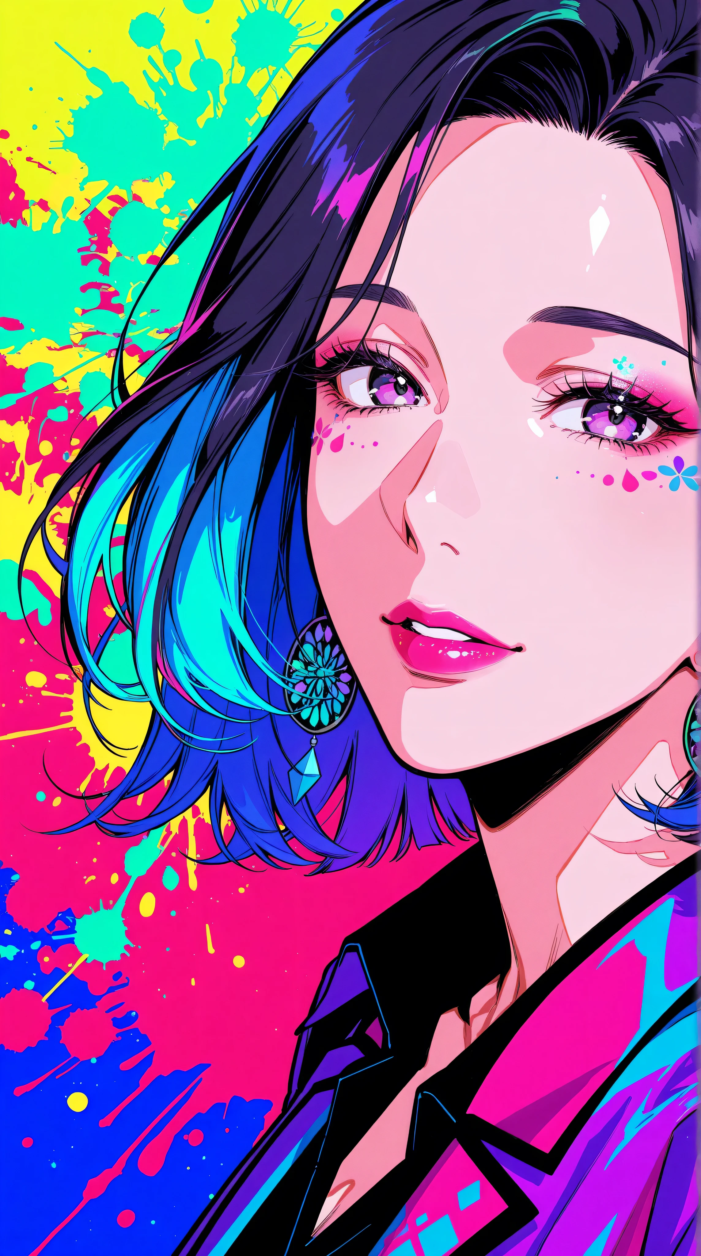 Expressionist artwork image of a korean woman, portrait, colorful, color splash, neon colors,