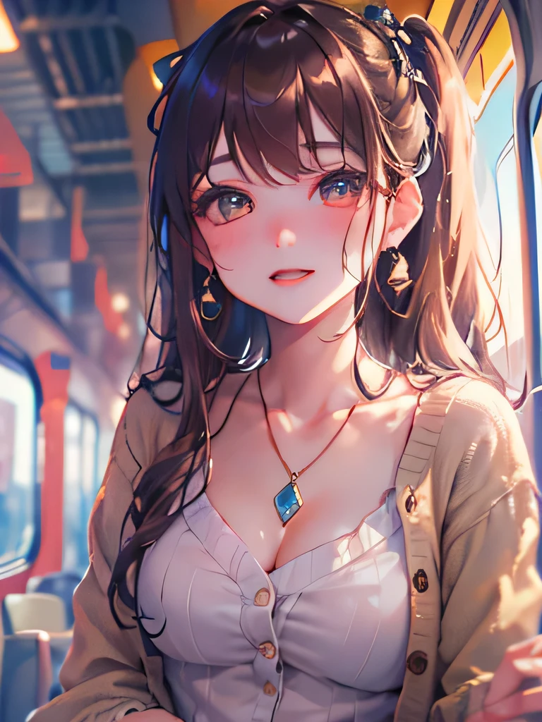 smile、night、 Original photo、((( ultimate beautiful portrait)))、(( shiny skin))、 1 girl、 A  Beautiful Girl From Prague、 gals、 bright expression 、((  brown hair))、(Breast Cleft)、( flared skirt:1.5)、(( big eyes that shine like jewels ))、( open cardigan)、 take off your clothes 、 pantyhose penetrated by train、 Glossy Glossy Skin 、( Medium Hair)、( silky ponytail hair )、 eyeliner 、Beautiful Bangs、 hair between eyes 、((​masterpiece、最 High Quality 、 super detailed 、 film light 、 Intrigued Details 、 high resolution、、 very detailed on trends))、 Sensation  、8 hours、 dslr、Soft light、 High Quality 、 film grain 、 Fujifilm xt3  、 shallow depth of field、 natural soft light 、Kamimei、Ample Bust、((((caress))))