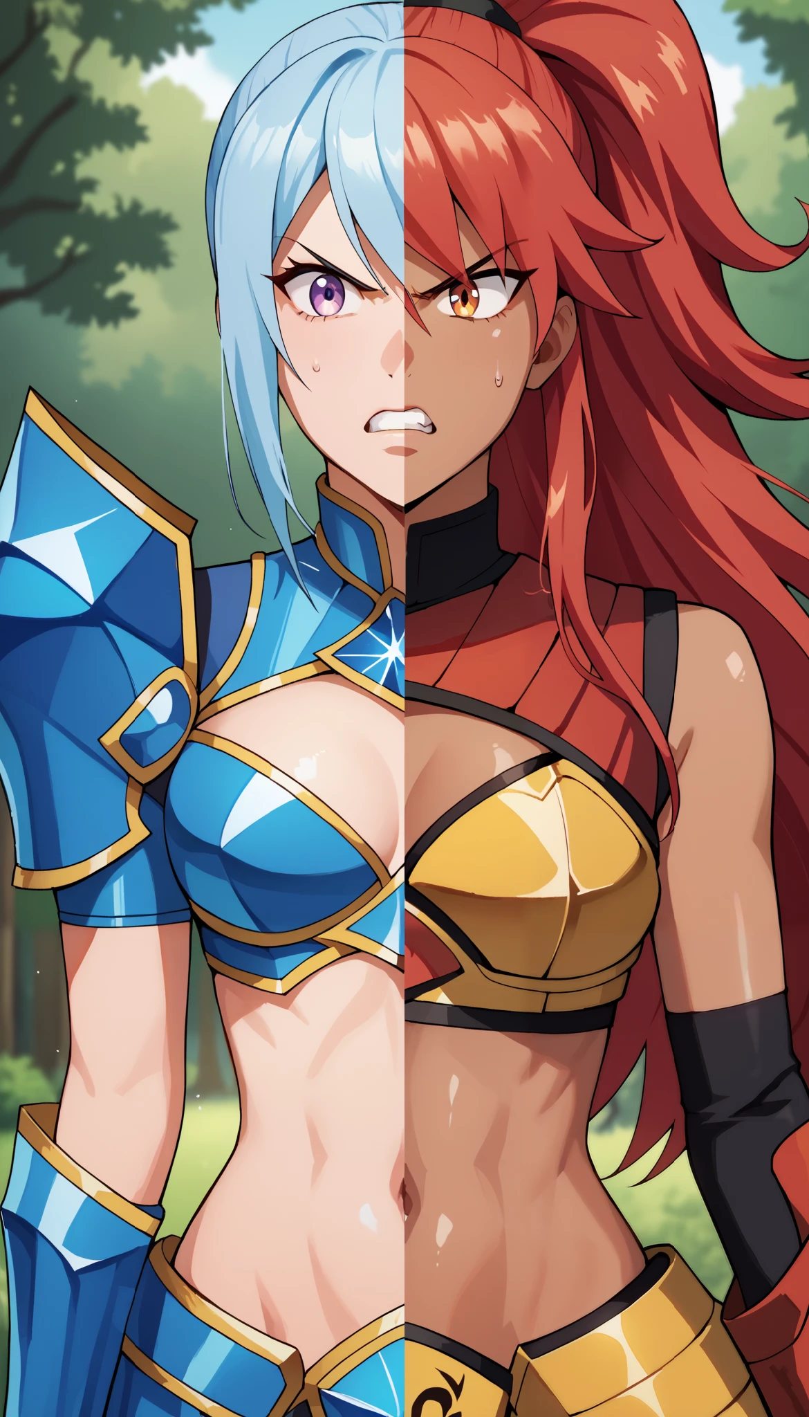SplitScreen, split screen, line in the middle, masterpiece, best quality, forest background, 1girl, right side, Red hair, Orange eye, Red fire armor outfit, Yellow armored crop top, honey skin, slender body, Cleavage, navel, angry expression, 
masterpiece, best quality, forest background, 1girl, left side, Blue hair, Violet Eye, Blue ice armor outfit, Dark blue armored crop top, natural skin, slender body, Cleavage, navel, angry expression,