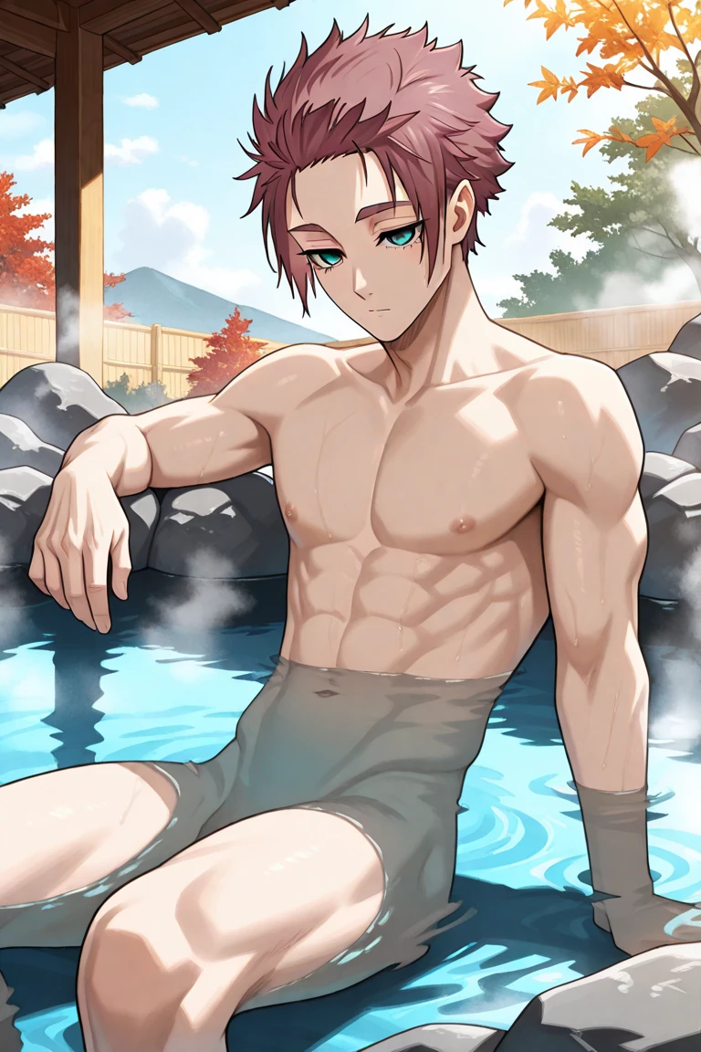 Anime red-haired boy takes off his shirt and sits in the water, Handsome guy in the art of slaying demons, Shirtless :: High Detail, muscular!!, Cool anime poses, Anime handsome man, Shirtless, male anime character, 4k comics wallpaper, Tall anime man with blue eyes, sweaty skin!!, Clean and detailed anime art, water drips from him, Anime boy with orange hair