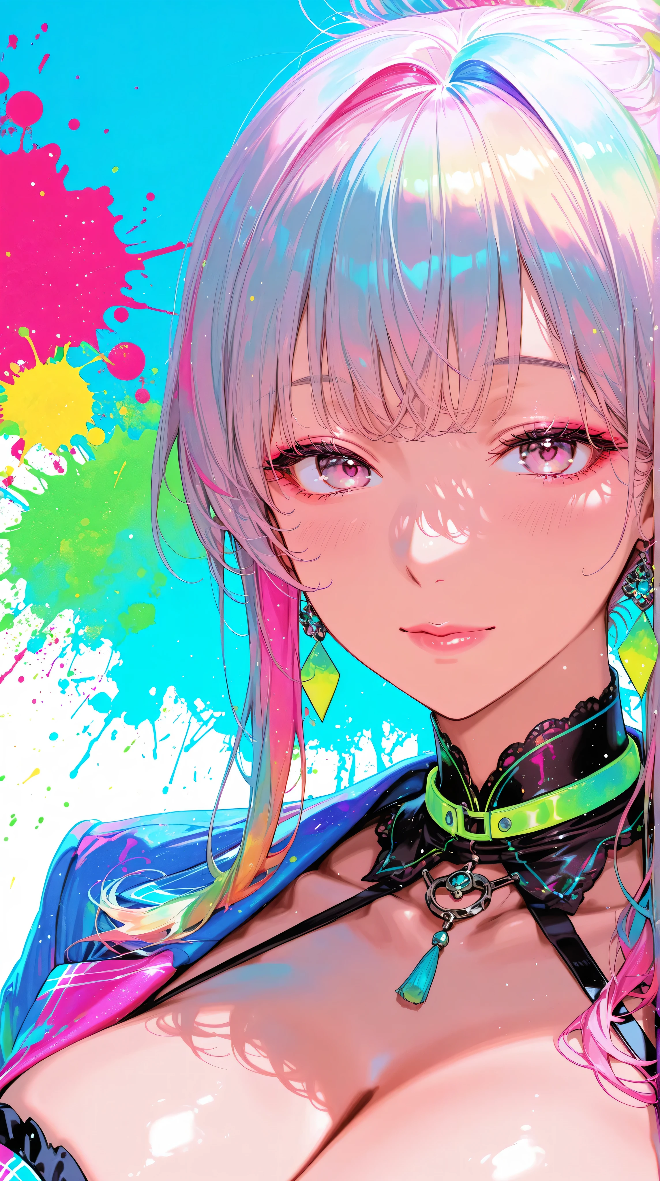 Expressionist artwork image of a korean woman, portrait, colorful, color splash, neon colors, huge breasts, cleavage,