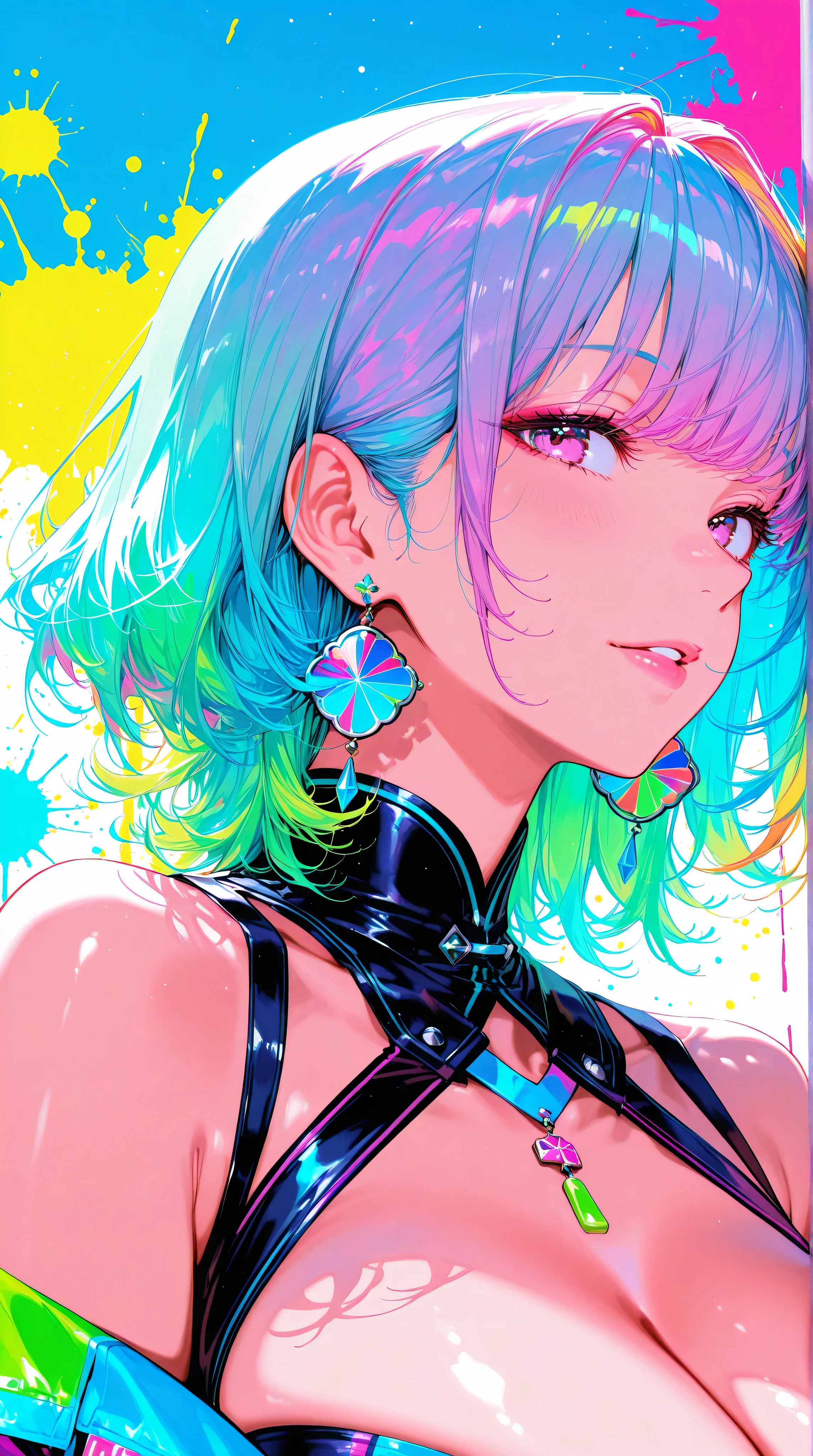 Expressionist artwork image of a korean woman, portrait, colorful, color splash, neon colors, huge breasts, cleavage,