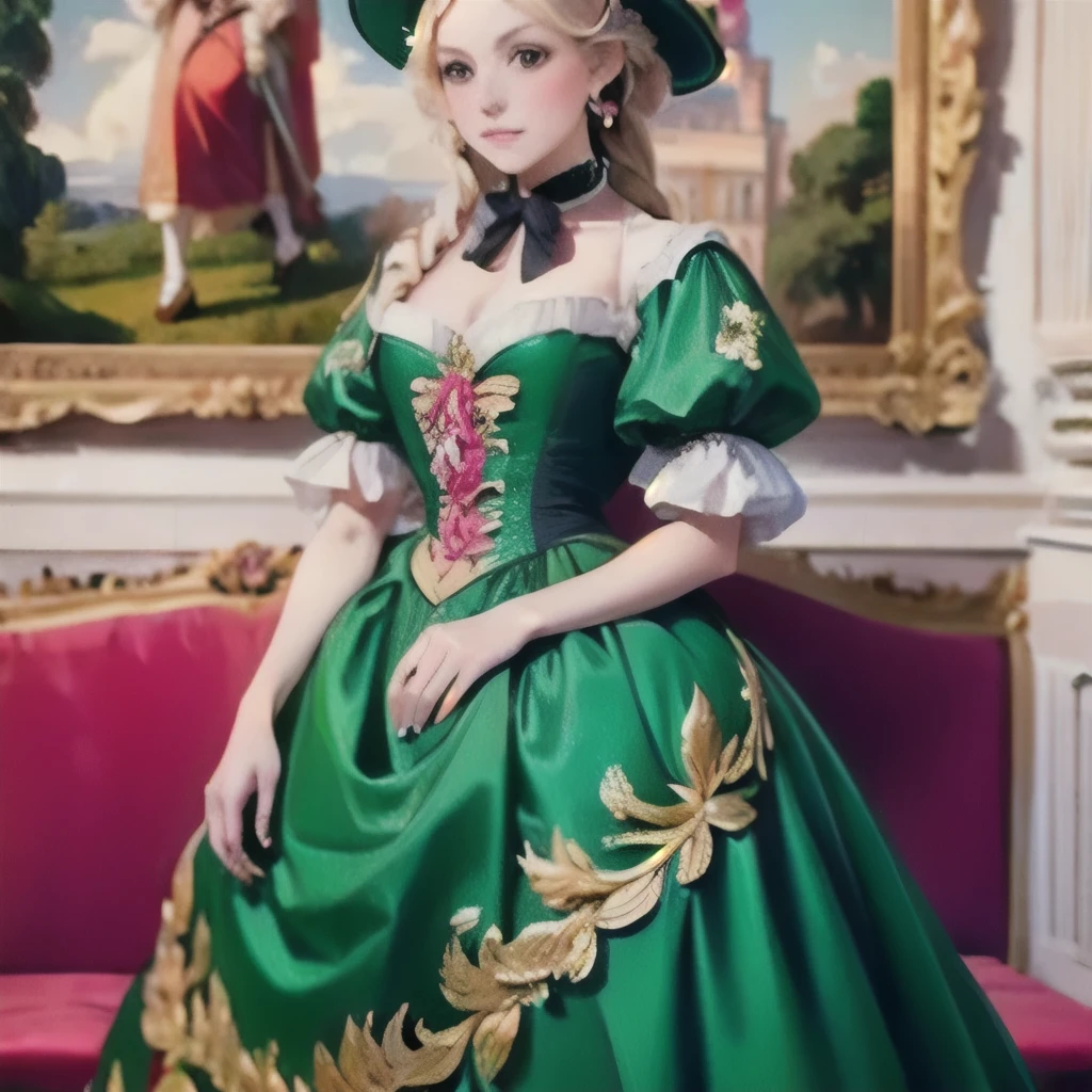 arafed woman in a green dress with a feathered headpiece, a portrait inspired by Mary Beale, flickr, rococo, 1 7 th century duchess, dress in the style of rococo, wearing a noblewoman's outfit, historical baroque dress, aristocratic clothing, georgian dress amazing fabric, rococo queen, in historic clothing, rococo dress