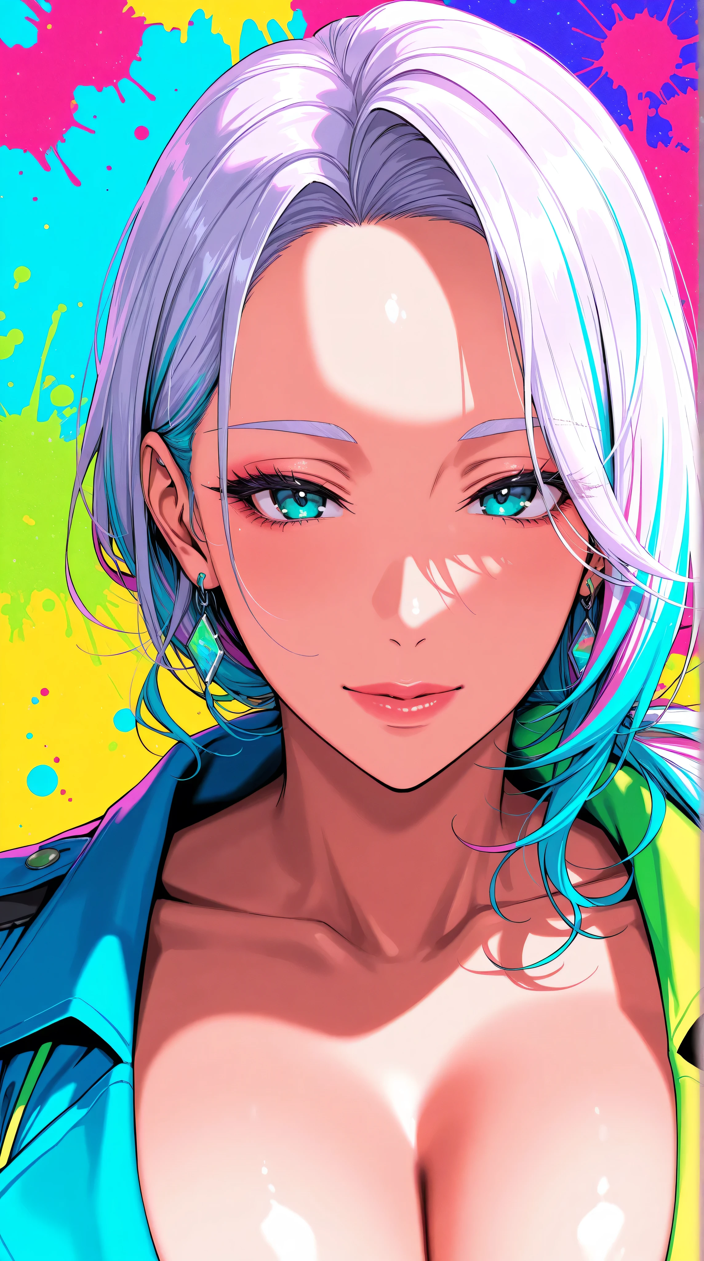 Expressionist artwork image of a korean woman, portrait, colorful, color splash, neon colors, huge breasts, cleavage, 