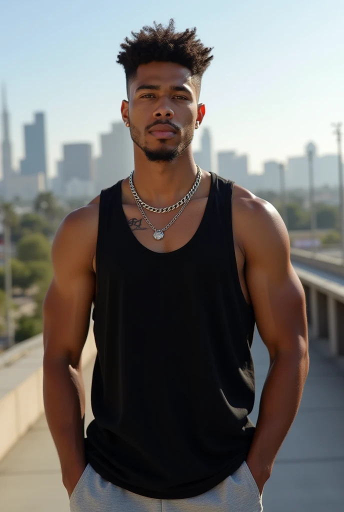 (D850 35mm), Portrait photo of an african american man with (short hair:1.4), wearing a camo jacket, tattoos, (detailed outdoor city background), detailed, RAW photo, 8k uhd, dslr, high quality, film stock photograph 4 kodak portra 400 camera f1.6 lens rich colors hyper realistic lifelike texture dramatic lighting cinestill 800, (sharp focus:1.1)