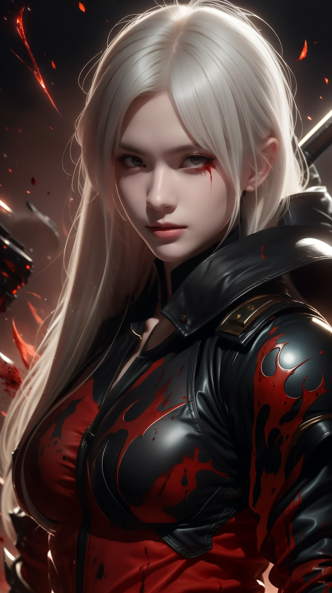 White-haired woman, terrifying appearance, with a katana and a shield, red eyes, on a battlefield covered in blood, wearing Spartan clothes, with a scar on her left eye