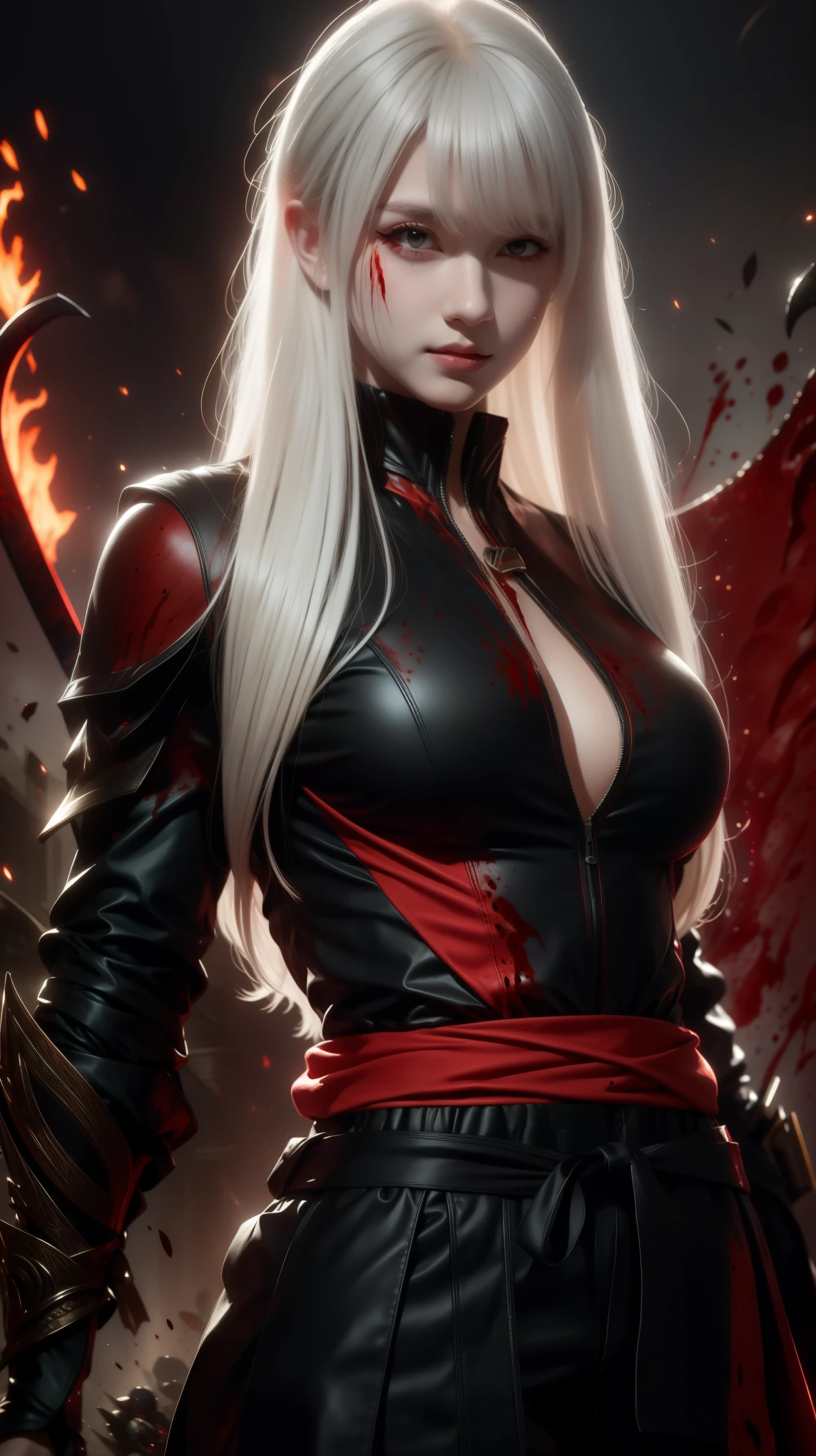 White-haired woman, terrifying appearance, with a katana and a shield, red eyes, on a battlefield covered in blood, wearing Spartan clothes, with a scar on her left eye