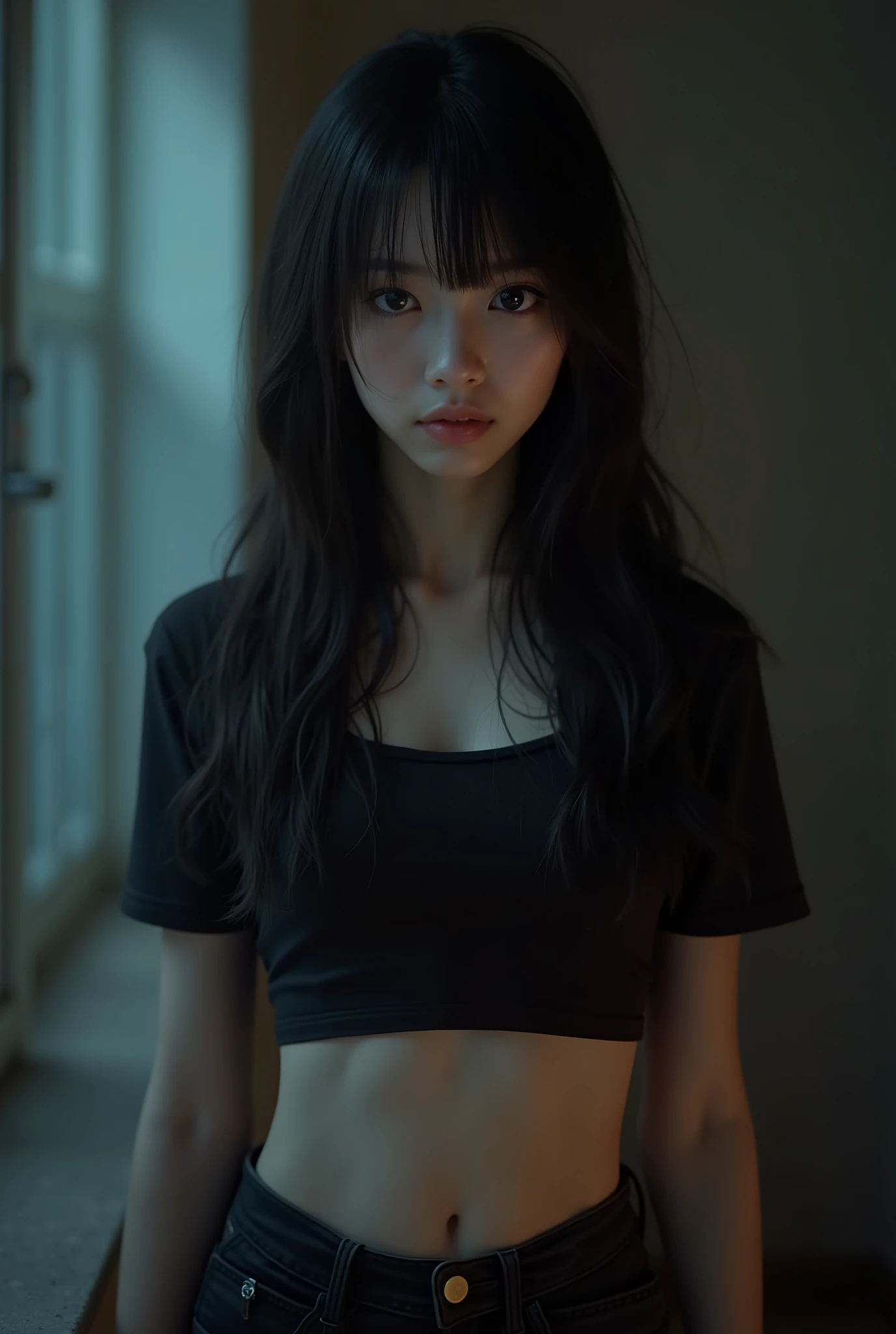 (((in the dark, in the dim deep mountain pass, looking away, round face))), ((eccentric pose, showing off her pubic hair)), wide spread legs, hoodie, sneakers,