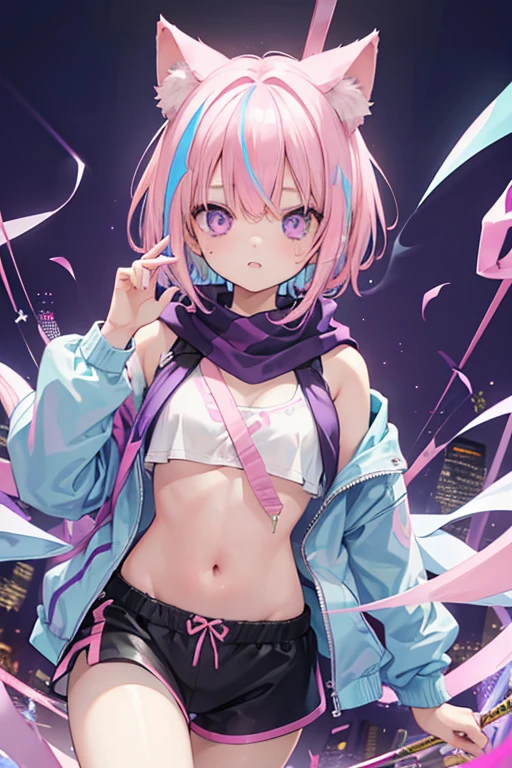 Very beautiful and shining eyes、shining eyes、1 girl、small breasts、big mouth、high school girl、small breasts、Cat ear、Transparent pink short hair、scarf、hot pants、Near future、neon、