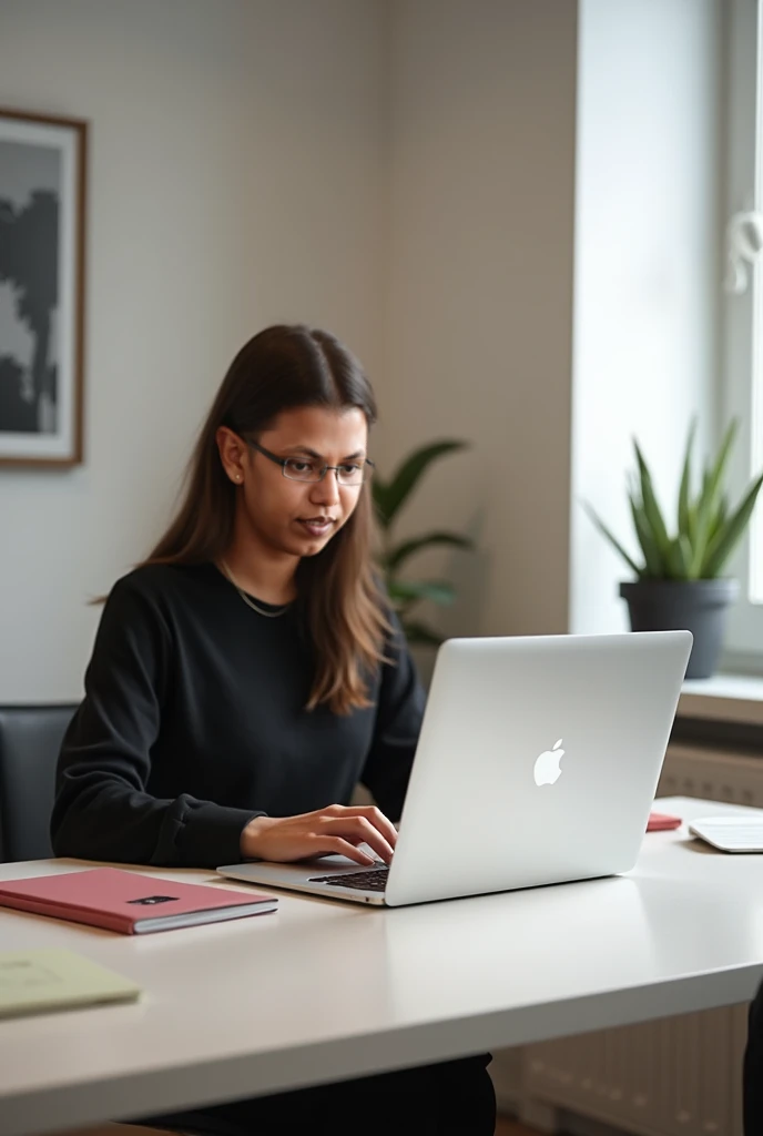 Latina high school student girl black hair watching her laptop with realistic clear glasses