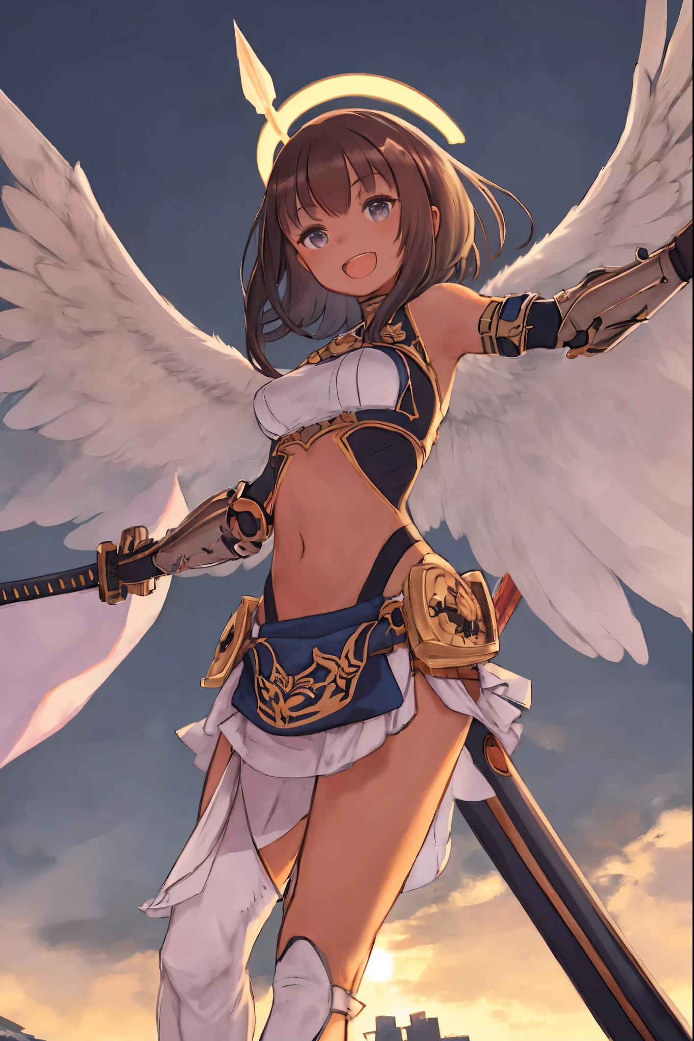fantasy, 1angel_girl, low_teen, dark_brown_hair,long_bangs, (dark_skin)+, bare_shoulder, navel out, thighhighs,silver_shiny_armor, white_clothes,waist_armor, Glebe, hold_swords_emits_light, medium_breasts, dynamic_flying_pose,Floating, (1pair_white_wings:1.2),(pelvic_curtain:1.3), silver_Headgear ,looking_down_at_sunset_city_sky_background,,slightly_spread_legs, some_swords_emits_light,some_swords_emits_light_floating_around_the_girl,solo,glare_halo,laugh ,smile,open_mouth,open_legs,open_arms,rise_knee,rise_leg,rise_thigh,rise_leg,forward_leaning_posture,apart_legs,