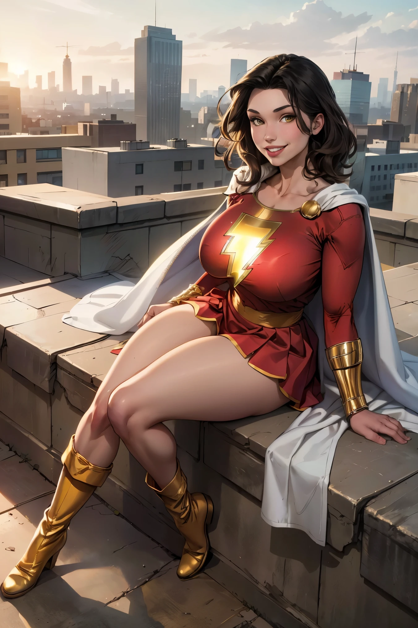 Grace Fulton, masterpiece, best quality,  mary marvel, white cape, red dress, red skirt, long sleeves, bracer, large breasts, smile, looking at viewer, cityscape, rooftop, smile, yellow boots, sitting, short hair,  is very big, gr4c3f, 