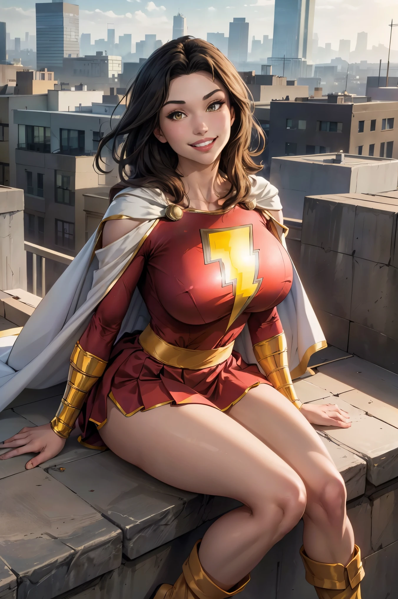 Grace Fulton, masterpiece, best quality, mary marvel, white cape, red dress, red skirt, long sleeves, bracer, large breasts, smile, looking at viewer, cityscape, rooftop, smile, yellow boots, sitting, short hair, is very big, gr4c3f,