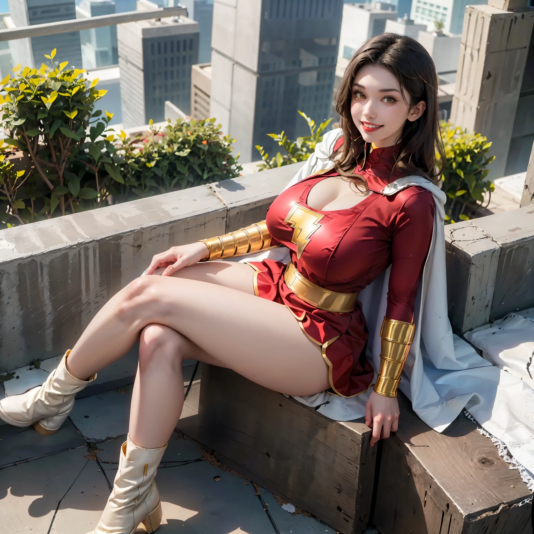 Grace Fulton, masterpiece, best quality,  mary marvel, white cape, red dress, red skirt, long sleeves, bracer, large breasts, smile, looking at viewer, cityscape, rooftop, smile, yellow boots, sitting, short hair,  is very big, gr4c3f, 