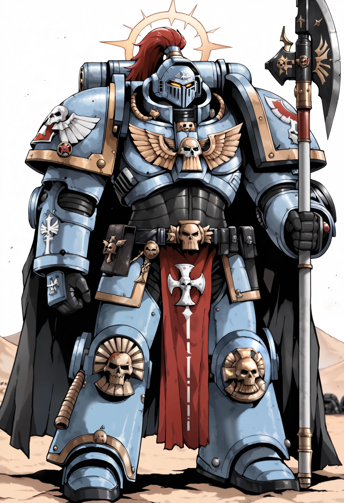 Illustration art, Absurd resolution, high resolution, (masterpiece: 1.4), hyper-detail, warhammer 40k, full body, glowing weapon, cloak, armor, trimmings, 1man, bulky, buff, plume, loin cloth, crusader helmet, reference sheet, iron halo, GreyK40k, full shot, Holding_Halberd_V1, power armor, Solo, standing in a desert, octosoup
