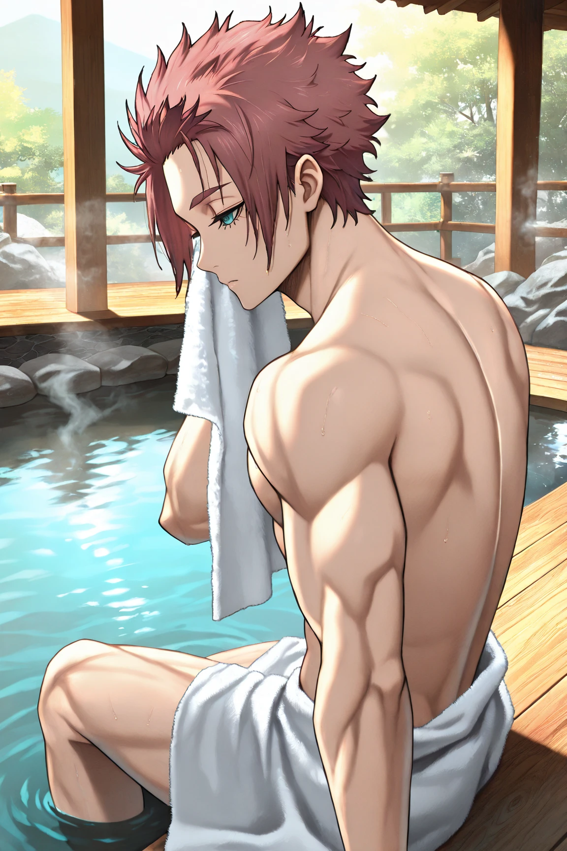masterpiece, best quality red eyes, game cg, 1boy man, rugged face, solo, male focus, looking at viewer, upper body, Natsu Dragneel natsu_dragneel, pink hair, red eyes, shirtless ((naked)), toned muscle, pectorals, 8 abs, toned legs, ((naked flaccid and scrotum )), slightly bulged, bathroom shower, detailed, dynamic lighting, well lit, ((wet body)) (ultra-high quality) body wet in water, shower water falling, (water droplets:1.5) (particle effects:1.2), raining:1.2, ambient lighting, (fiery pink hair:1.1) toned body exuberating strength and confidence), (fine details:1.1), (soap lather:1.1) (soap bubbles:1.5) (ultra-high quality:1.5)