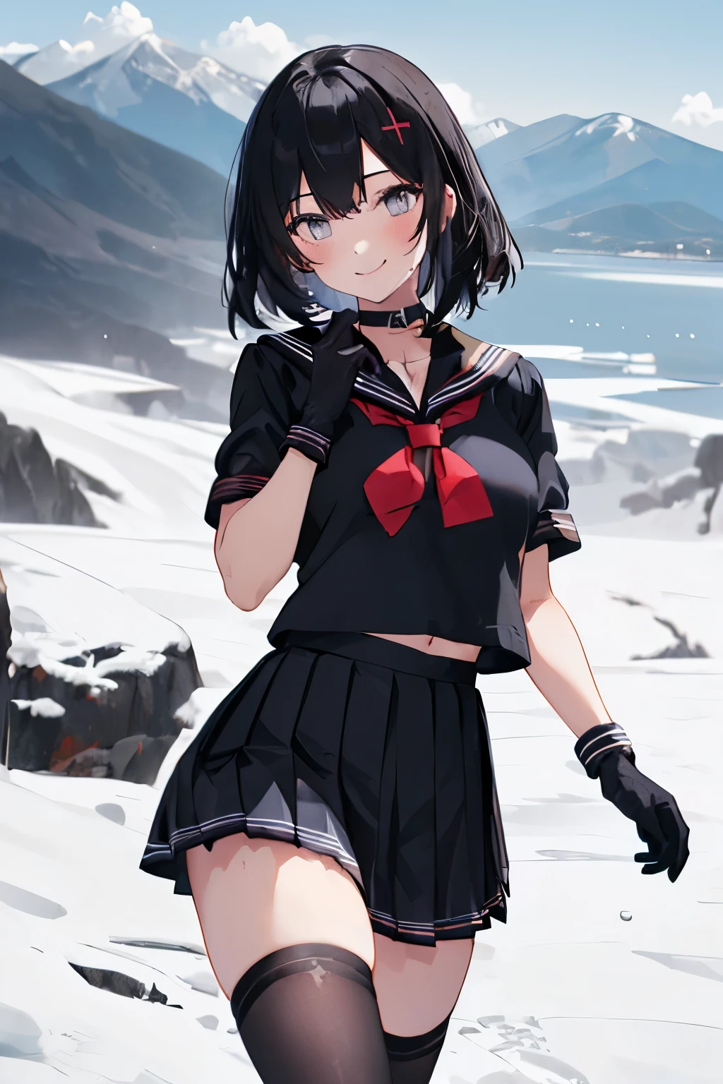 Anime girl in a short skirt and black top standing in the snow - SeaArt AI