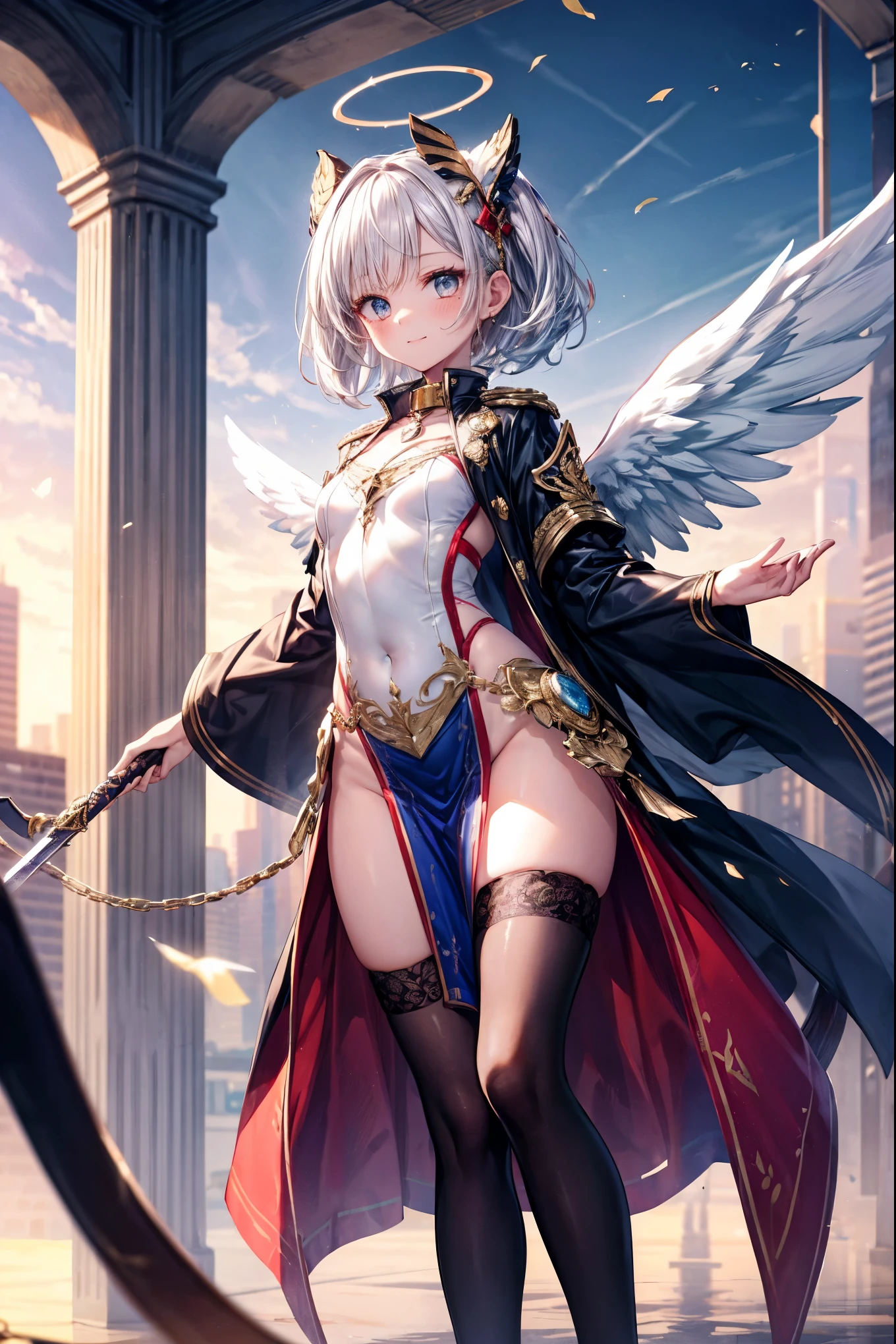 fantasy, 1angel_girl,child, loli,dark_color_hair, medium_bob_hair, long_bangs, halo,bare_shoulder,thighhighs,silver_armor, waist_armor, large_breasts,angry,smile,open_mouth1pair_wings, dynamic_ pose_fighting,floating, bare_crotch, covered_nipples, covered_pussy,headgear,gauntlet, greaves, pelvic_curtain, city_sky_background,slightly_spread_legs, solo, groin_naked,(masterpiece, best quality, best quality, official art, beautiful and aesthetic:1.2), (1 girl), very detailed,
