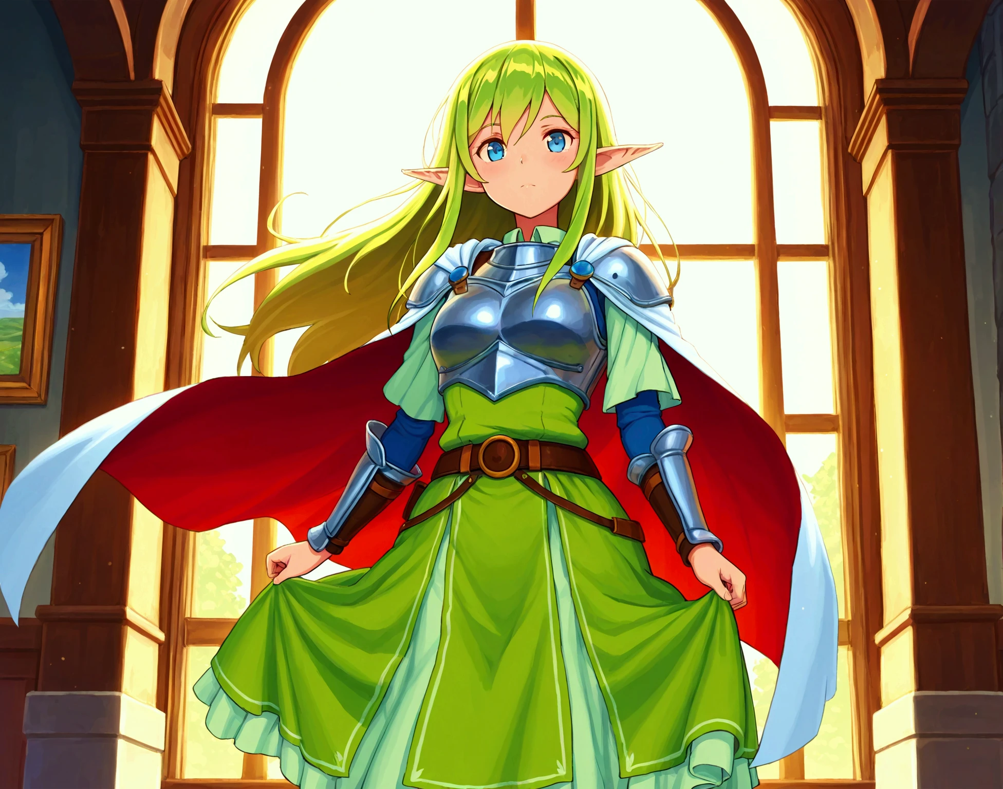QUEEN-ALLEYNE, 1GIRL,ELF, MATURE FEMALE, SOLO, LONG HAIR, BLONDE HAIR, BLUE EYES,MEDIUM BREASTS, POINTY EARS,GREEN GLOVE, GREEN FOOTWEAR,(RED BERET), RED CAPE, upper body, facing viewer, (looking at viewer:1.5), in the center, smile,