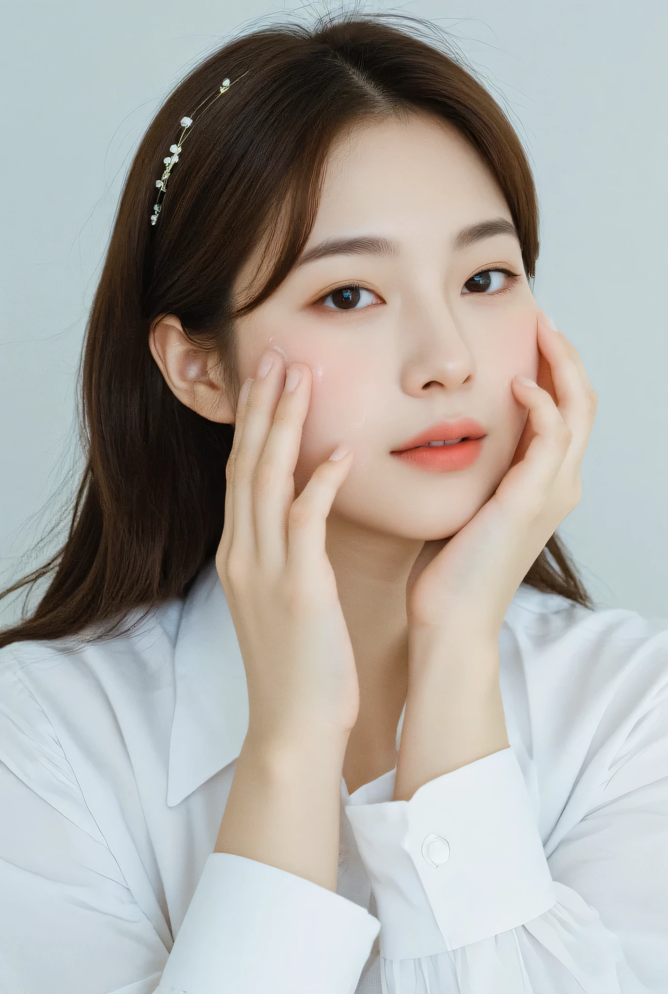 Girl with long hair Smile , blush, Adorno de cabello, HD model, wearing a modest and conservative white bluse. Haciendo skincare