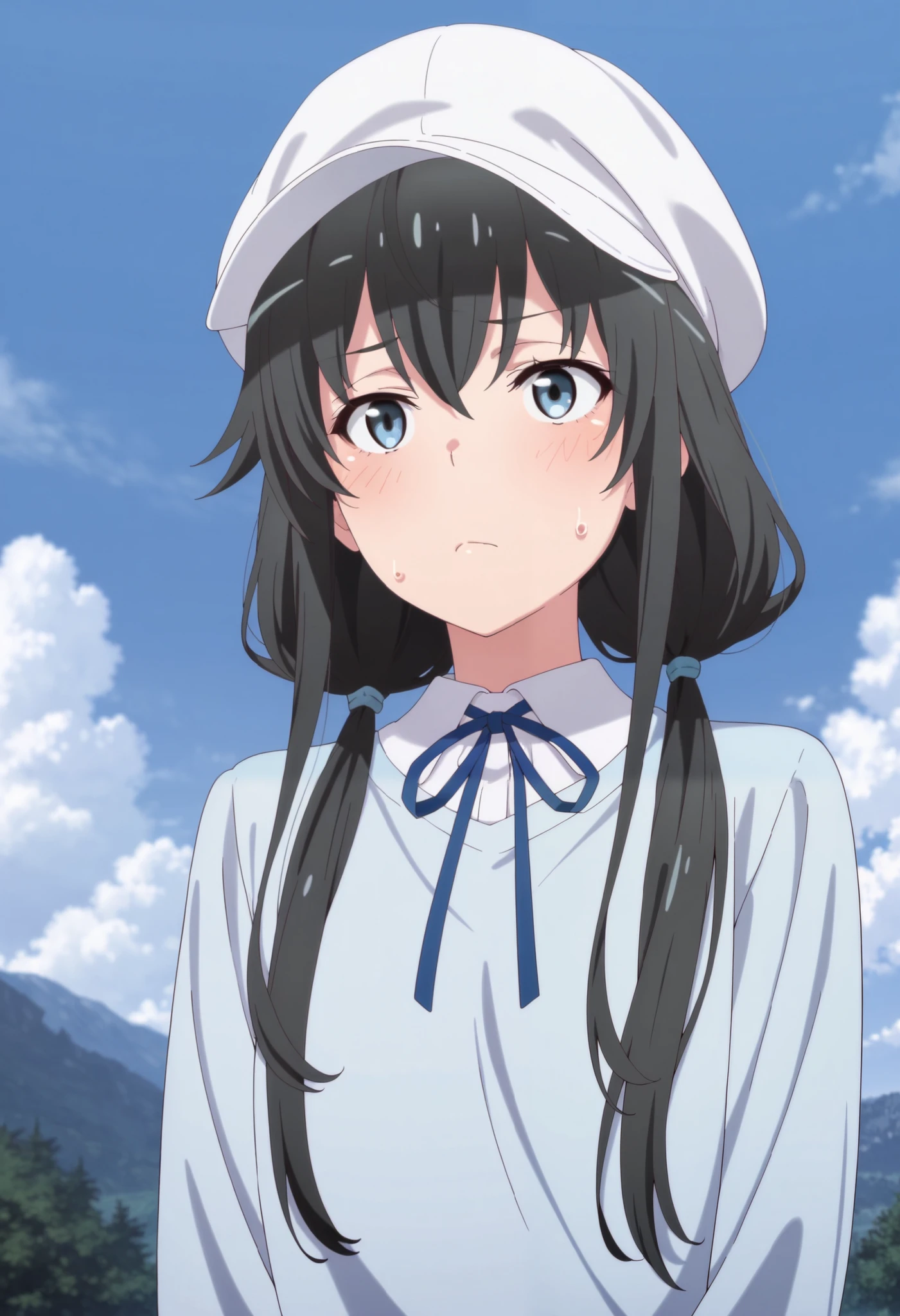 masterpiece,best quality,amazing quality, yukinoshita yukino, long hair, black hair, blue eyes, 1girl, solo, hat, twintails, outdoors, low twintails, sweatdrop, sky, day, neck ribbon, white headwear, cloud