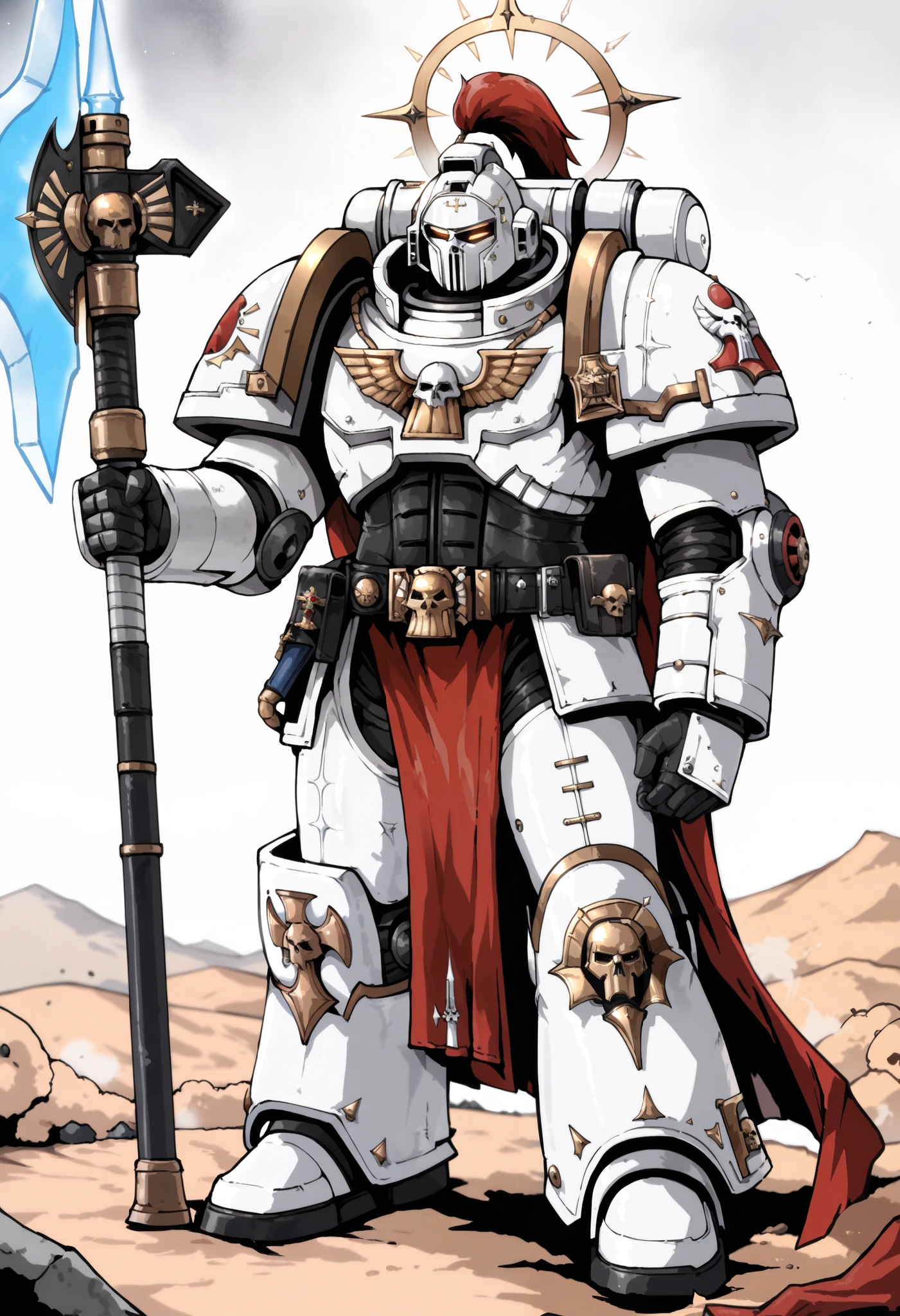 Illustration art, Absurd resolution, high resolution, (masterpiece: 1.4), hyper-detail, warhammer 40k, full body, glowing weapon, cloak, armor, trimmings, 1man, bulky, buff, plume, loin cloth, crusader helmet, reference sheet, iron halo, GreyK40k, full shot, Holding_Halberd_V1, white power armor, Solo, standing in a desert, octosoup