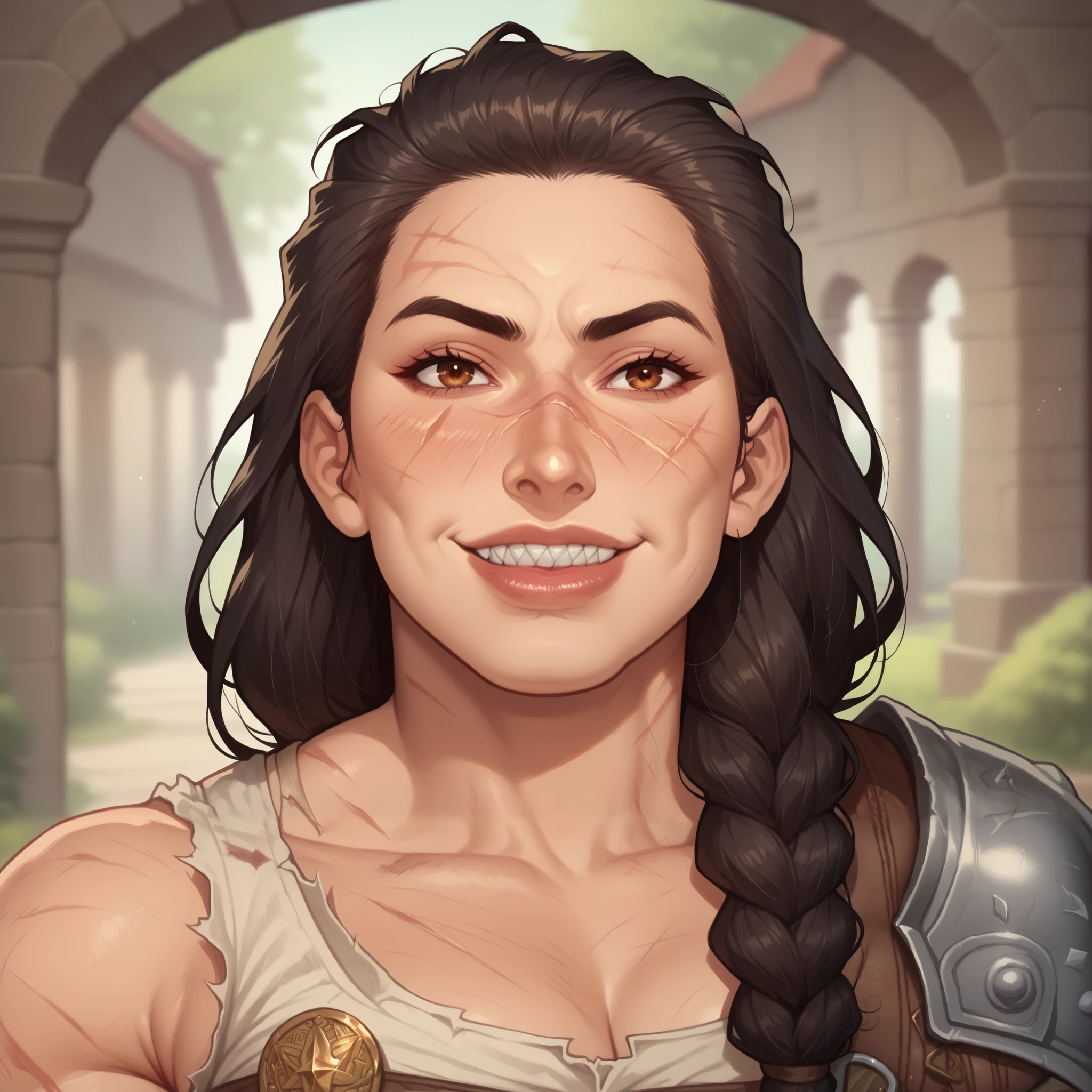(((beautiful, high quality, comics style, detailed face))), score_9, score_8_up, score_7_up, BREAK, bust shoot view, solo, gigantic ogre woman, a barbarian:1.3, high stature, big nose, fat, chubby tummy, muscular arms, scars, burn marks, braided dark hair, sharp teeth, big lips, ugly face, ferocious, big devious smile, dynamic pose, loose baggy pants, fur clothing, belly hanging low, fantasy outside, blurred background, DeepNegative_xl_v1, detailxl, zPDXL2