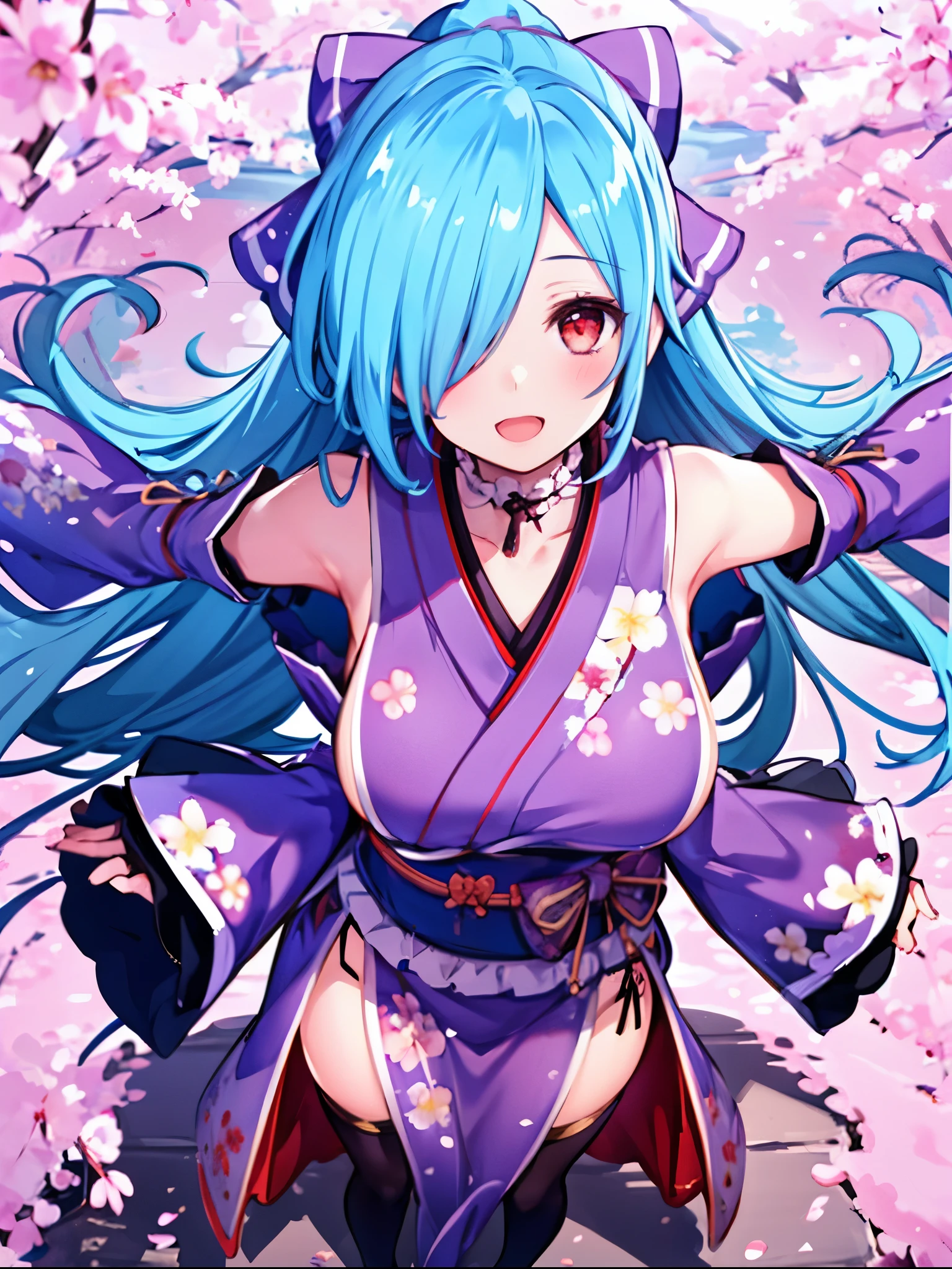 masterpiece, best quality, (1girl, solo),
yamato iori, ung__girl, virtual youtuber, solo, gloves, bow, hair bow, long hair, hair over one eye, thighhighs, blue hair, fingerless gloves, red eyes, japanese clothes, full body, detached sleeves, ponytail, looking at viewer, black gloves, very long hair, (heavy&soft_large_breasts:1.4), purple bow, kimono, smile, open mouth, transparent background, standing, sash, obi, purple kimono
blush,cherry blossoms,
( outdoors, forest, upper body, dynamic pose, looking at viewer, ),plump,raise_arms,