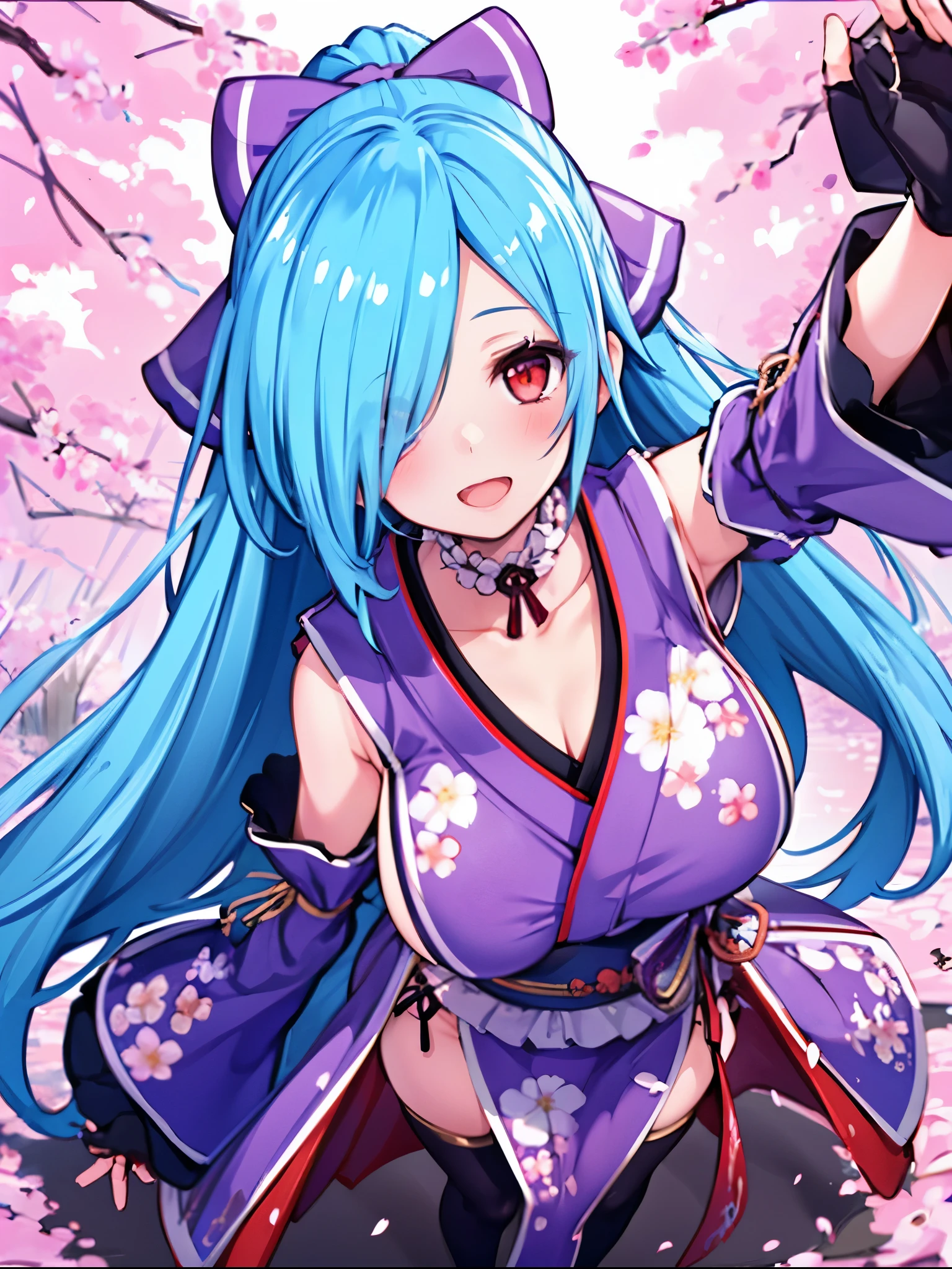 masterpiece, best quality, (1girl, solo),
yamato iori, ung__girl, virtual youtuber, solo, gloves, bow, hair bow, long hair, hair over one eye, thighhighs, blue hair, fingerless gloves, red eyes, japanese clothes, full body, detached sleeves, ponytail, looking at viewer, black gloves, very long hair, (heavy&soft_large_breasts:1.4), purple bow, kimono, smile, open mouth, transparent background, standing, sash, obi, purple kimono
blush,cherry blossoms,
( outdoors, forest, upper body, dynamic pose, looking at viewer, ),plump,raise_arms,