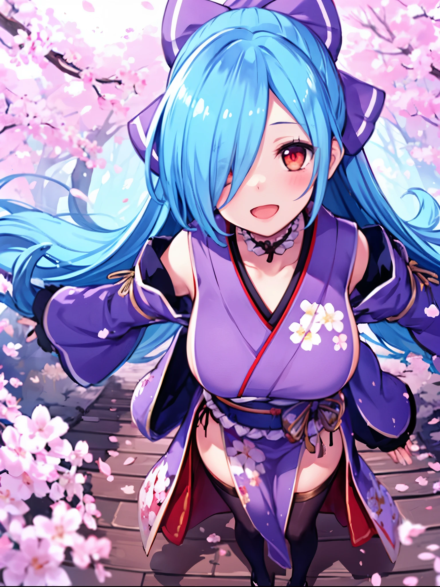 masterpiece, best quality, (1girl, solo),
yamato iori, 1ung_teirl, virtual youtuber, solo, gloves, bow, hair bow, long hair, hair over one eye, thighhighs, blue hair, fingerless gloves, red eyes, japanese clothes, full body, detached sleeves, ponytail, looking at viewer, black gloves, very long hair, (heavy&soft_large_breasts:1.4), purple bow, kimono, smile, open mouth, transparent background, standing, sash, obi, purple kimono
blush,cherry blossoms,
( outdoors, forest, upper body, dynamic pose, looking at viewer, ),plump,raise_arms,