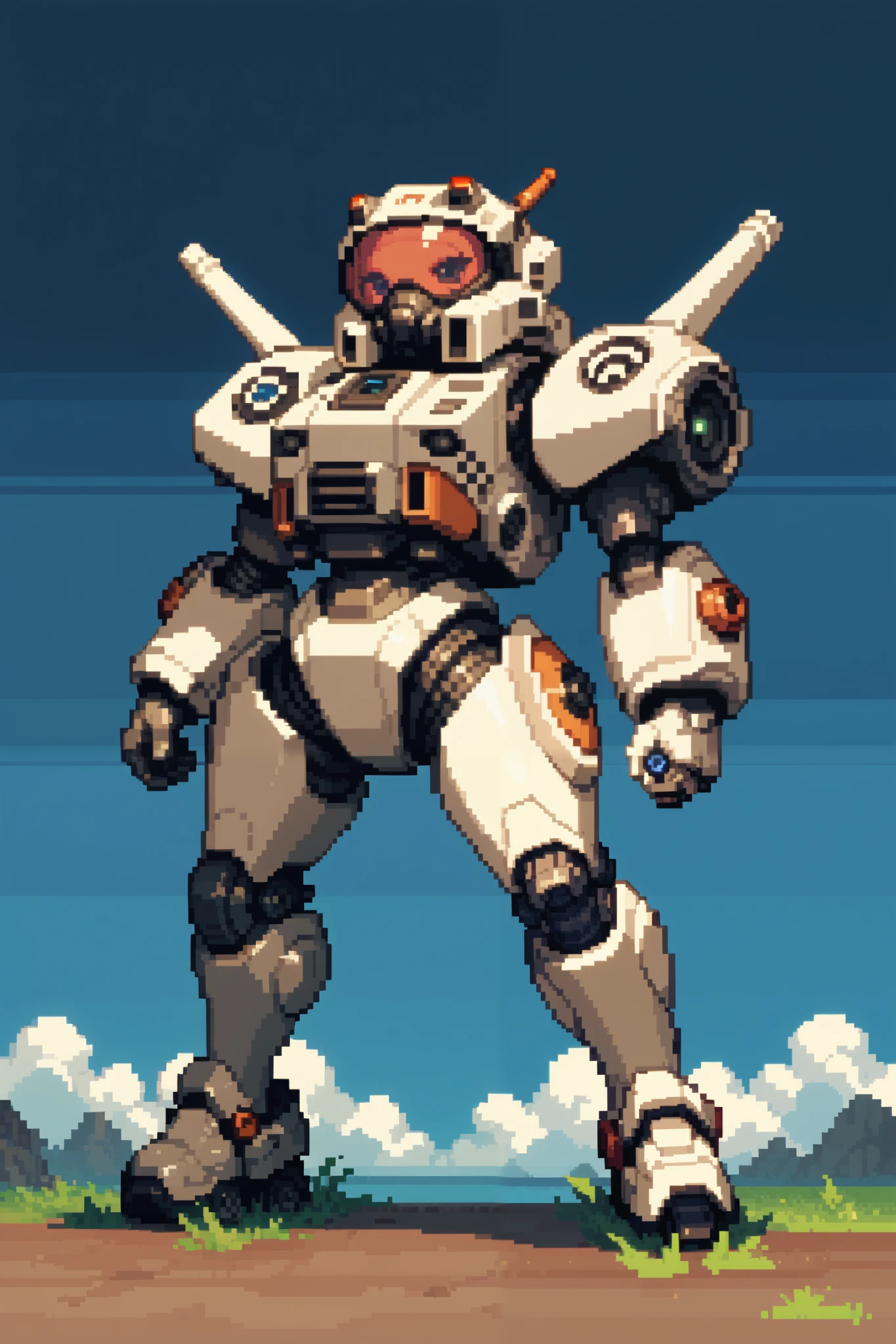 Pixel Art,  mech pilot battles against colossal alien invaders in a post-apocalyptic city