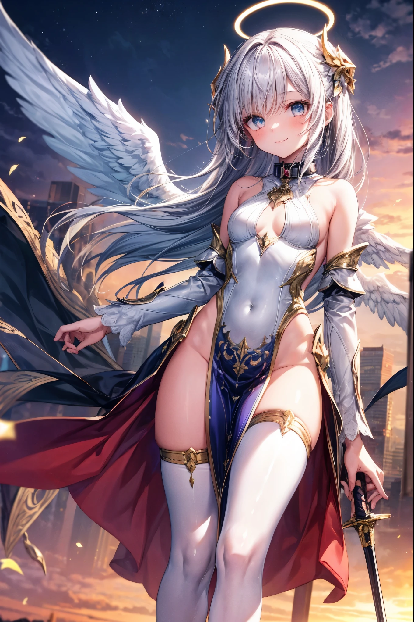 ((highest quality)),(ultra high resolution),(Super detailed),(detailed description),((best CG)),(best work of art),super precision art,amazing drawing art,(Fantasy art with precise details:1.5), (one female angel:1.5),(beautiful and well-shaped face:1.6),(A detailed and detailed dress:1.6,embroidery:1.3),(rose sword:1.6),6Wings:1.3, Soft light pouring down from the sky:1.4,