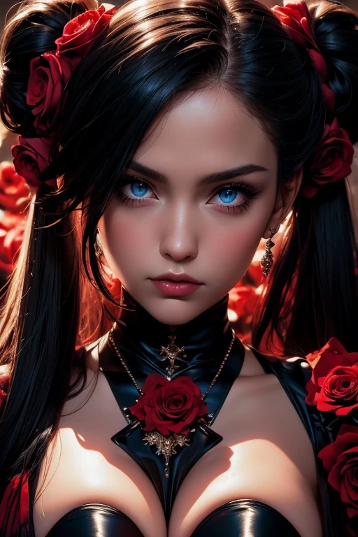 Beatiful female dark wizard standing in the ancient ruins under the red moon, she have long black hair with purple highlights, beatiful emerald eyes, dark red lipstick and same dark red eye shadows, dressed in sexy black robe with red vail and some golden mettalic parts, also she have rose flower tatoo on her body, (ultra high quality anime fantasy art, dafk fantasy style, masterpiece, ultra highquality character design, 8k quality anime art, realistic anime art, top quality wallpaper illustration, detailed ultra high quality acurate face, highquality design and acurate physic)