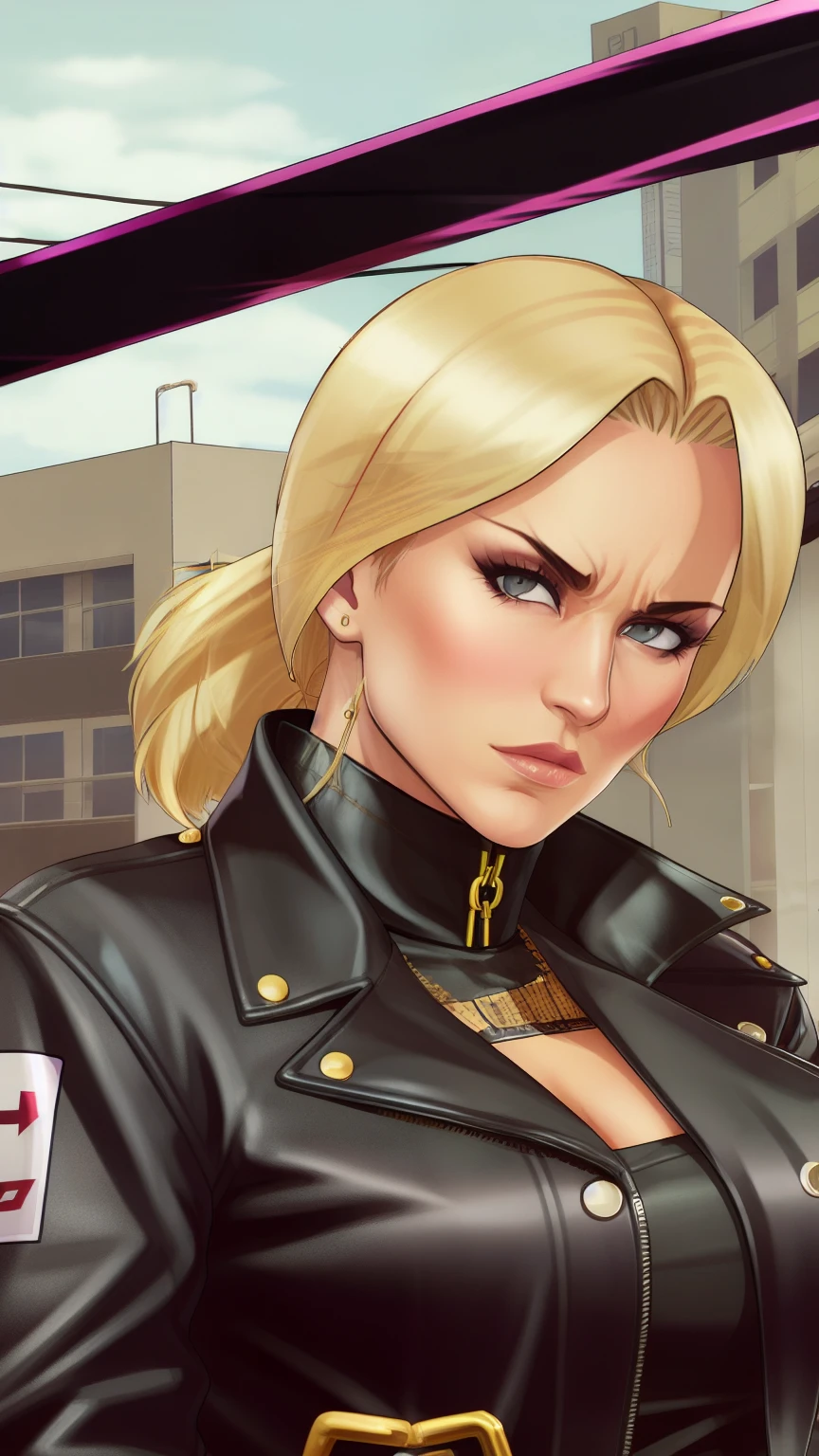 A blonde woman with a black leather jacket in GTA mode she is 20 meters away 
