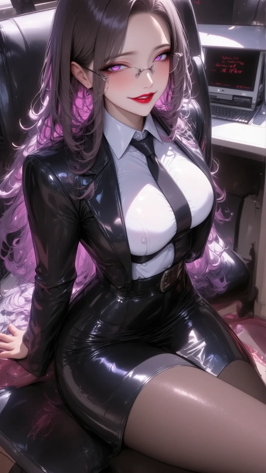  1 mature beautiful woman ,( best quality, very detailed depiction, incredibly absurd high definition,High quality anime drawings),( Office Lady,An excellent female secretary,Villainess,),( business suit,Latex tight skirt,Formal Shirt,tie, Luxurious Accessories , black tights, high heels),(Purple Eyes,Crazy Eyes, half-closed eyes, big chest,wicked smile,Glossy lips, has an open mouth,Beautiful legs, shiny skin,Seductive gestures, forward leaning position), full body image :1.3,Side view:1.3,profile:1.3