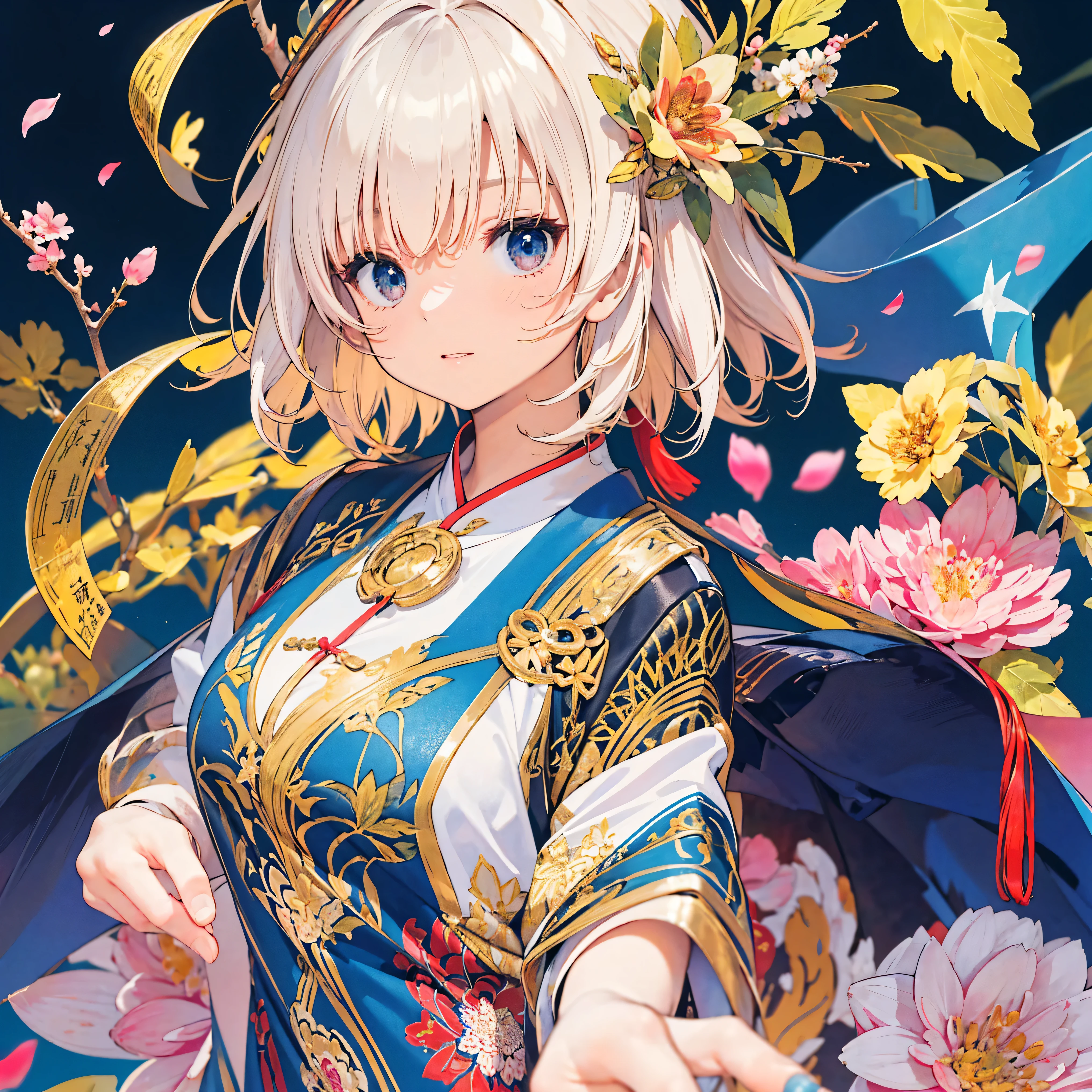 Official Art, wallpaper, tall Highly detailed , ((( tall Highly detailed な目と顔))), shut up., Masterpiece, best quality , real portrait , (ZenTangle, Mandala, Tangle, EnTangle), Complicated clothes, Intricate Gold Patterns 、Gold Hair Ornaments 、 tall Highly detailed , dynamic angle , The Most Beautiful Shape of Chaos , elegant , Brutalist Designs , bright colors, Romantic Chinese Flowers 、 Petals Fluttering on the Background 、 Trees with Blooming Flowers in the Distance々、Wind Vortex、 vortex of light 、Lightning Vortex