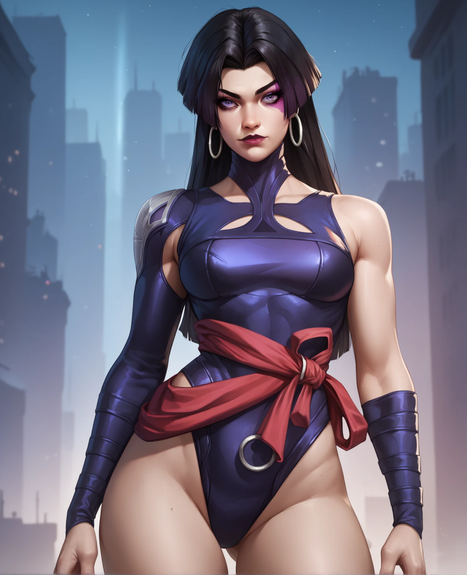 masterpiece, best quality, 1girl, kitana, ponytail, black long hair, purple leotard, thighhighs, hands on hips, tokyo street background <lora:KitanaAlternate:1>
