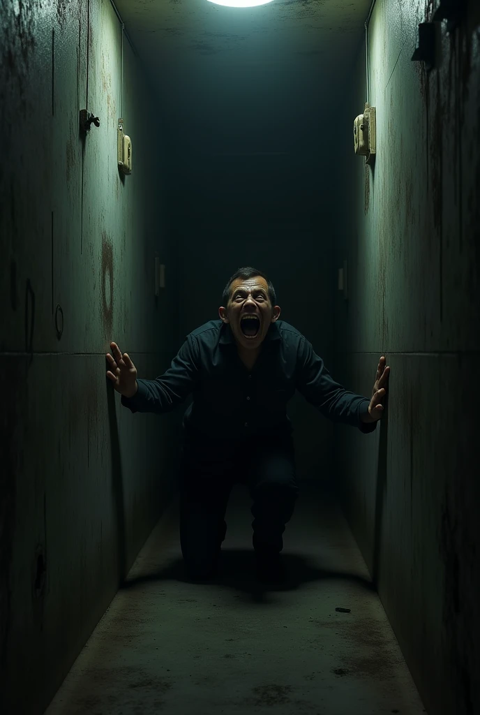Vertical shot of a terrified man waking up in a decrepit prison cell, with shadows creeping in from all sides. A sinister old radio, slightly glowing, is placed in the corner. Eerie atmosphere, dark and gloomy setting, with faint demonic shapes lurking in the darkness beyond the bars. Black and red hues dominate, with harsh contrasts. Style: creepy, horror. High detail and resolution. DARK, GLOOMY, CREEPY