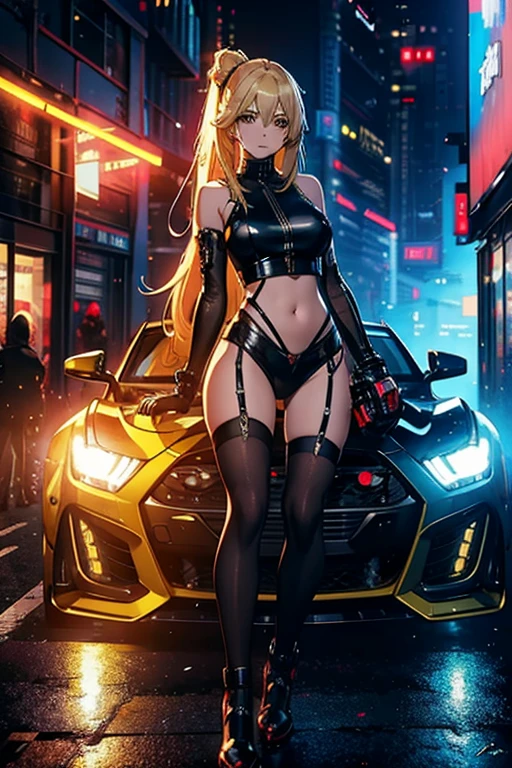 (dark skin), platinum Blonde wavy medium length hair with bangs, big thick thighs, Super big butt, Wet skin, ((Gorgeous super shiny florescent neon green string bikini)), Cyberpunk-style see through clothing, Race Queen, Posing for the camera in front of a 3000GTVR4